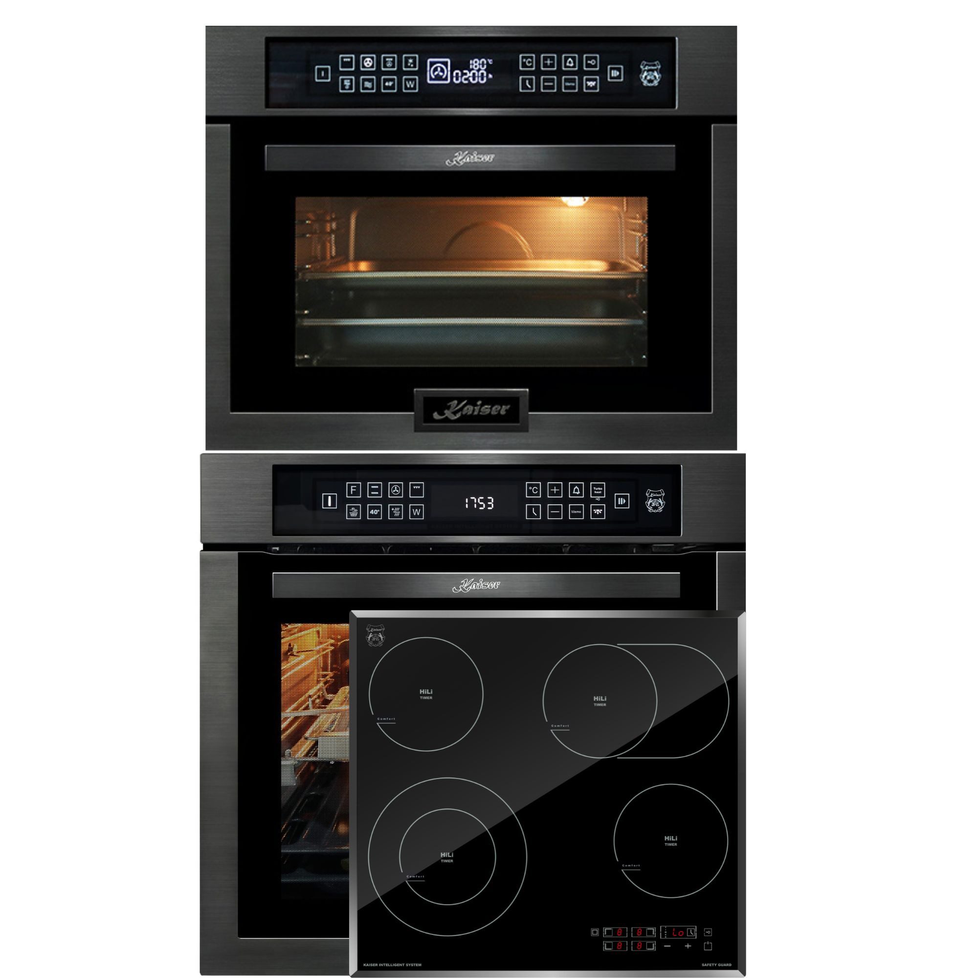 Kaiser Küchengeräte Backofen-Set Herd Set Autark Einbaubackofen,86L 15 Fkt. Grill Air fryer Full Touch mit High Light Glaskeramik Kochfeld 60cm Schwarz glas Facettenschliff-Kanten+Einbau-Mikrowelle 45 cm Hoch,TouchControl, Heißluftsystem, Infrarotgrill,22 Funktionen EH 6306 N RS+KCT 6115 F+EM 6307 RS, mit 1-fach-Teleskopauszug