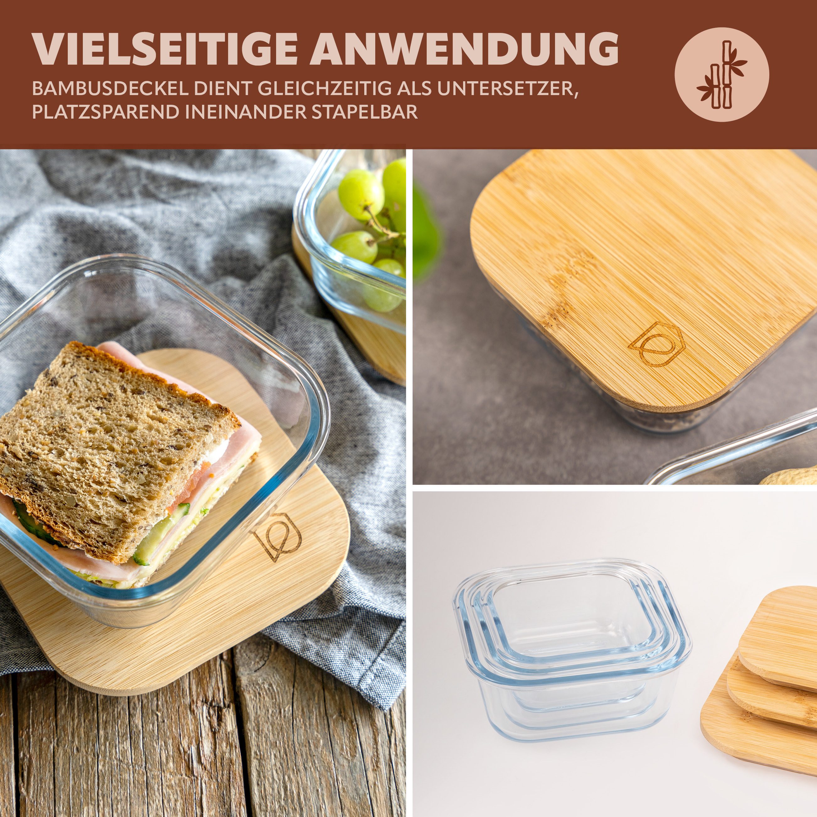 eluno Frischhaltedose Glas-Aufbewahrungsdosen inkl. Bambusdeckel, quadratisch, Glas, Bambus, (3-tlg) – Bild 4 von 5