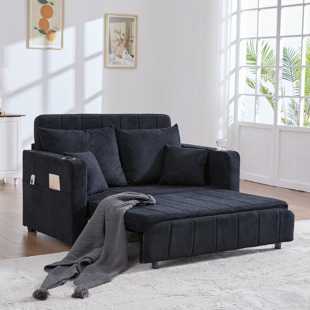 Odikalo Schlafsofa 2-in-1 Sofa, Tagesbett Schlafcouch, 2-Sitzer sofas wohnzimmer, Multifunktionales Stoffsofa, ausziehbares Klappsofa, als Sofa oder Bett nutzbar, mit Aufbewahrungstaschen an den Armlehnen, mit USB-Ladefunktion und Getränkehaltern