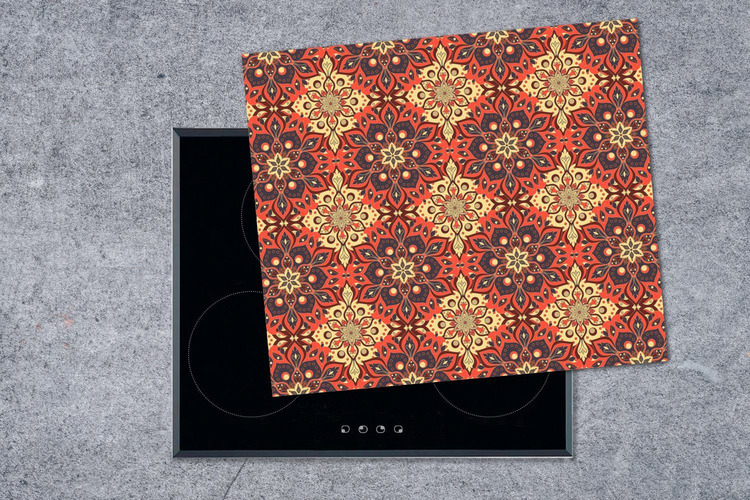 Vinyl, - cm, Mandala Muster, tlg), Boho Mobile Ceranfeldabdeckung - 60x52 Herdblende-/Abdeckplatte MuchoWow - (1 nutzbar, Arbeitsfläche Blumen