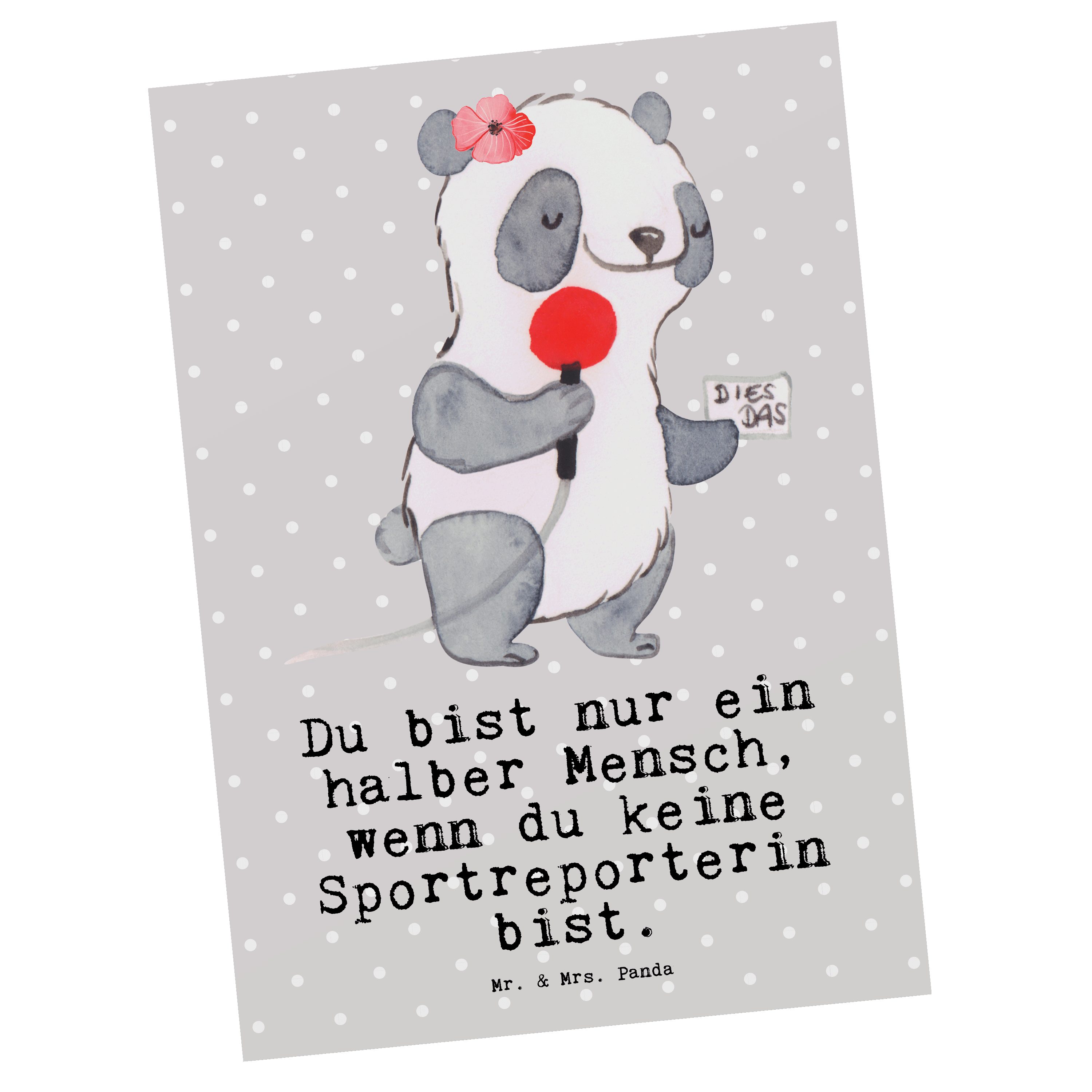 Mr. & Mrs. Panda Postkarte Sportreporterin mit Herz - Grau Pastell - Geschenk, Geschenkkarte, Ab