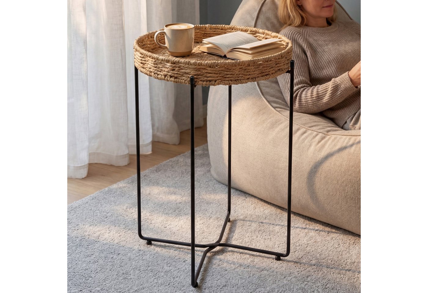 doporro Beistelltisch Couchtisch kleiner Tisch mit 1/2 geflochtenen Ablagen rund Reglo-08, Zwei Materialien zur Auswahl