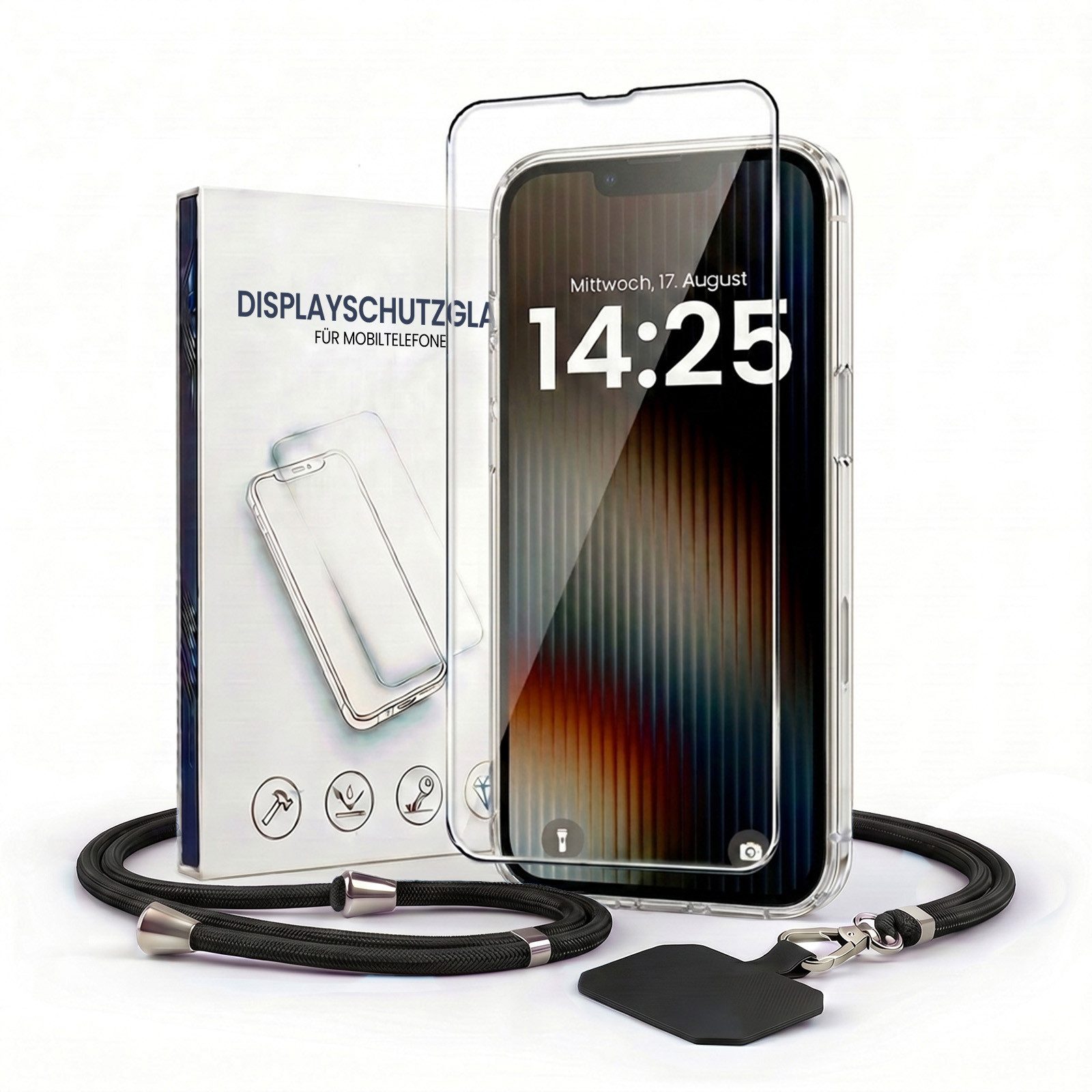 Tec-Expert Handyhülle Handy Hülle Cover mit Trageband für Apple iPhone 13 Pro 6.1 Zoll, 6.1, Slim Case mit Handykette Handyband Umhängeband Lanyard 9H Glas