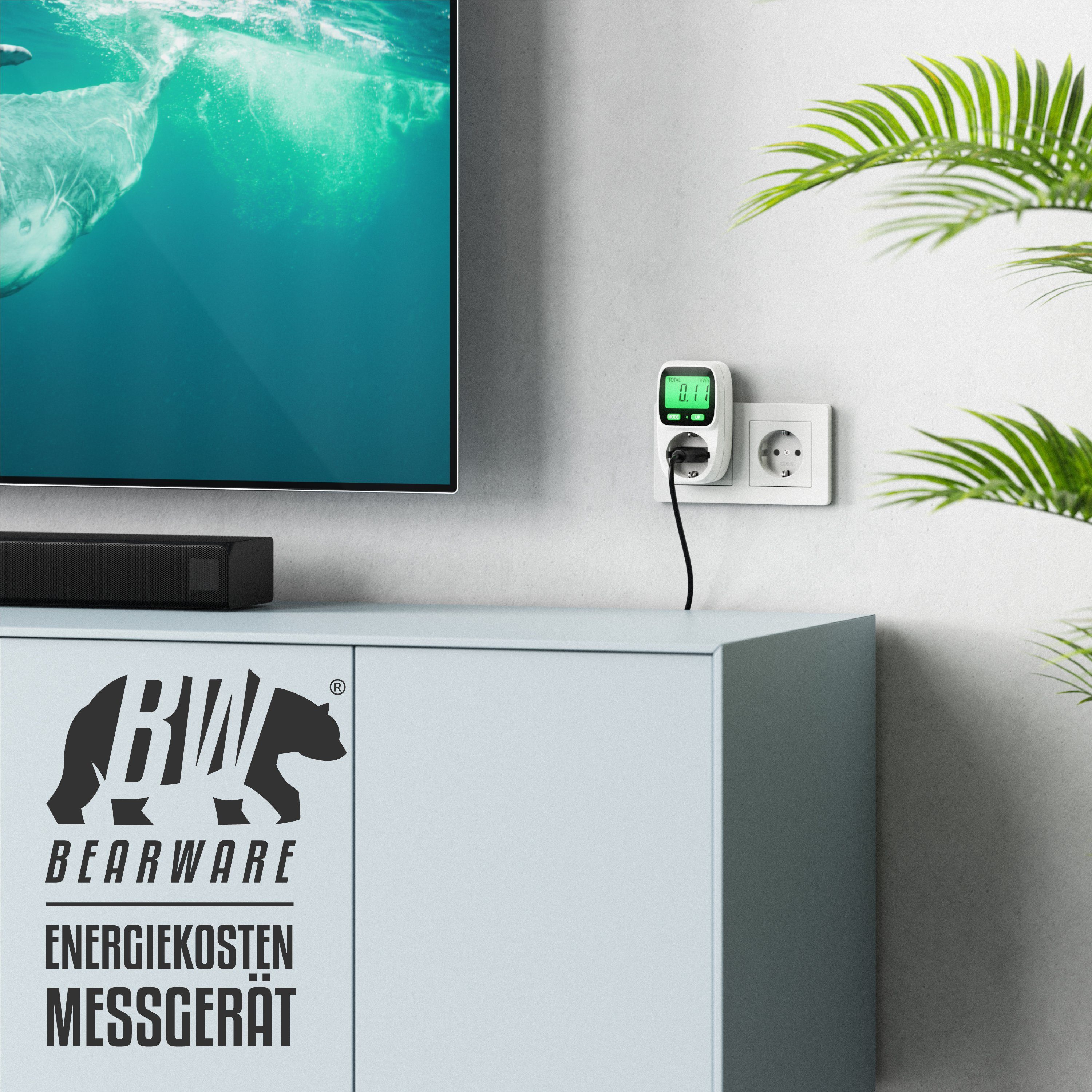 BEARWARE Energiekostenmessgerät Stromzähler Steckdose mit Hintergrundbeleuchtung, Verbrauchsmessung, Stromverbrauchsmesser, Stromkostenmessgerät mit Kinderschutzsicherung