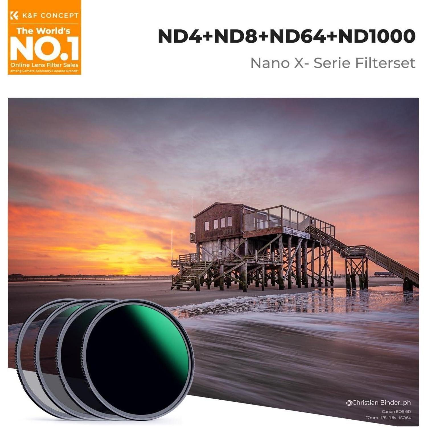 LuxusKollektion ND Filterset 58mm Graufilter Set ND4+ND8+ND64+ND1000 Kit Graufilter
