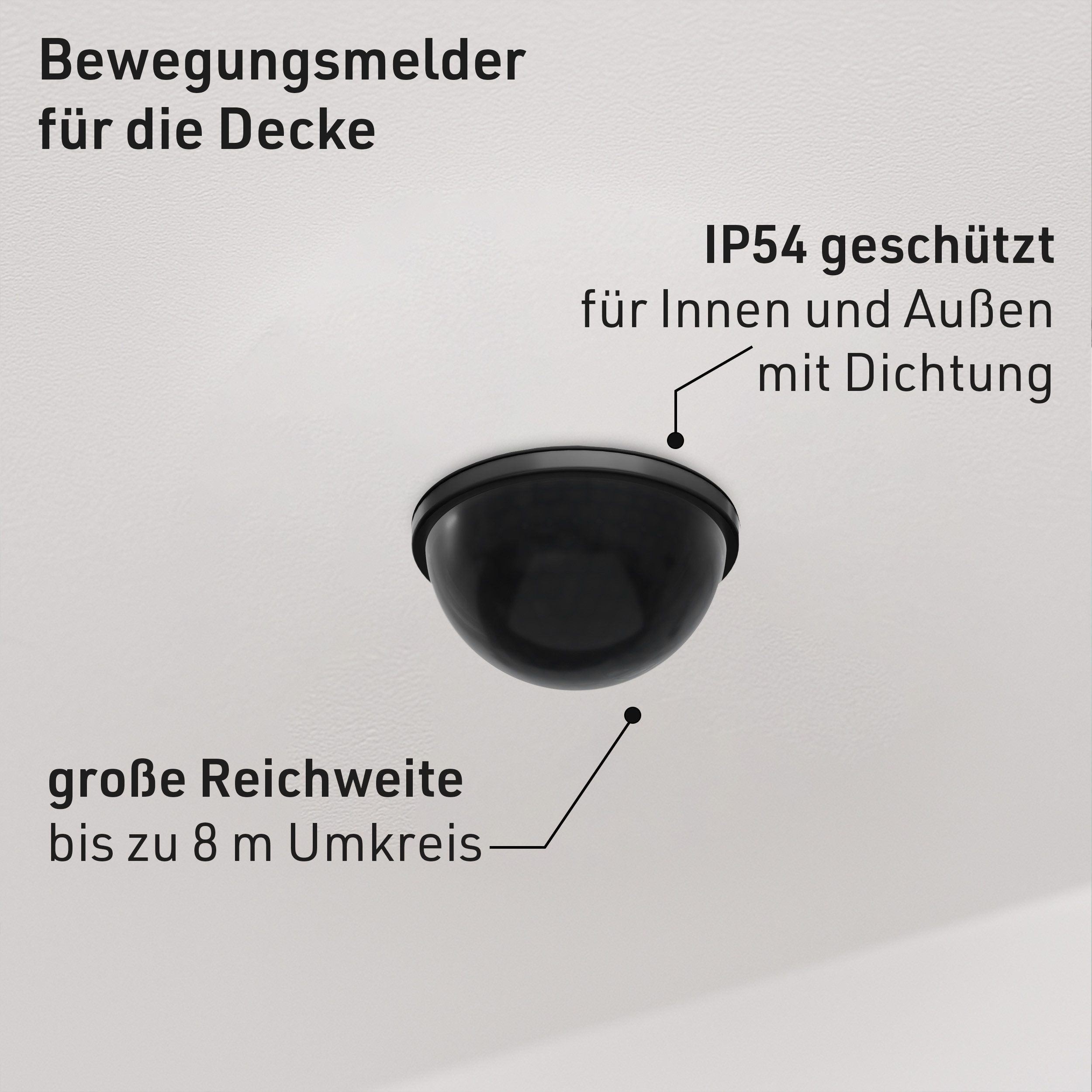Oktaplex motion Bewegungsmelder Kim 360 Grad Bewegungsmelder Decke Einbau PIR 8 m IP54, (1-St), Deckensensor Innen Außen mit Nachlaufzeit schwarz