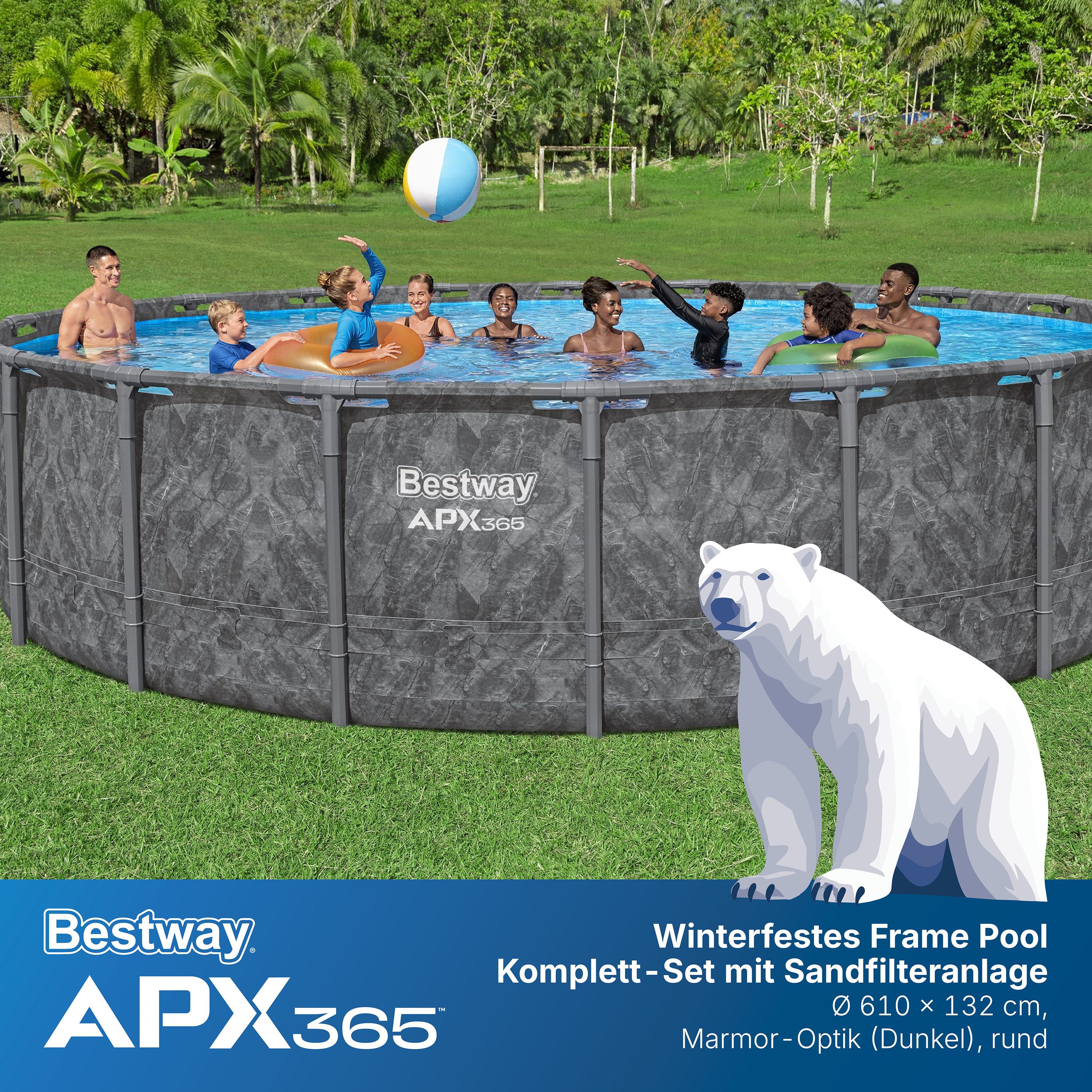 Bestway Framepool APX365™ Winterfest (Set, Inkl. Sandfilteranlage, Filterbälle, Sicherheitsleiter, Abdeckplane), Ø 610 x 132 cm