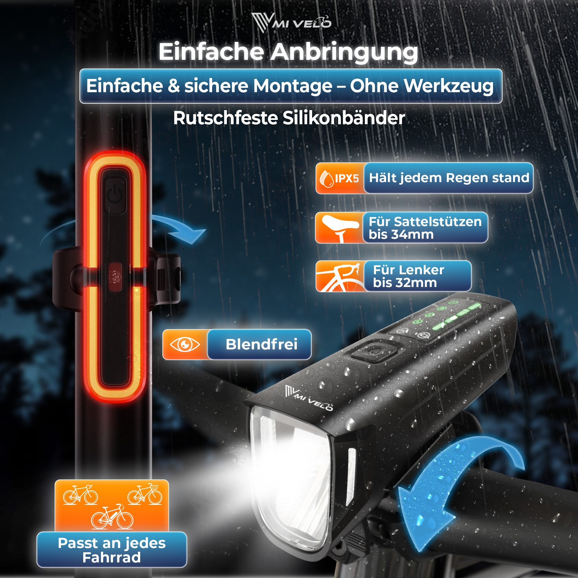 MIVELO Fahrradbeleuchtung SMART Fahrradlicht Set LED 100 LUX - Akku USB aufladbar