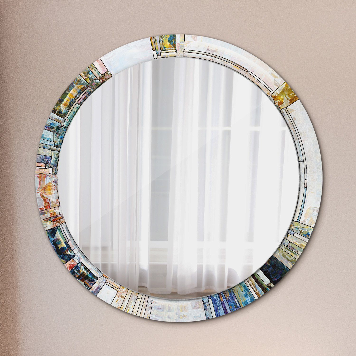 Tulup Kosmetikspiegel Dekospiegel Hängespiegel Wandspiegel Spiegel mit Aufdruck Rund: Ø90cm Gebeizt Glas