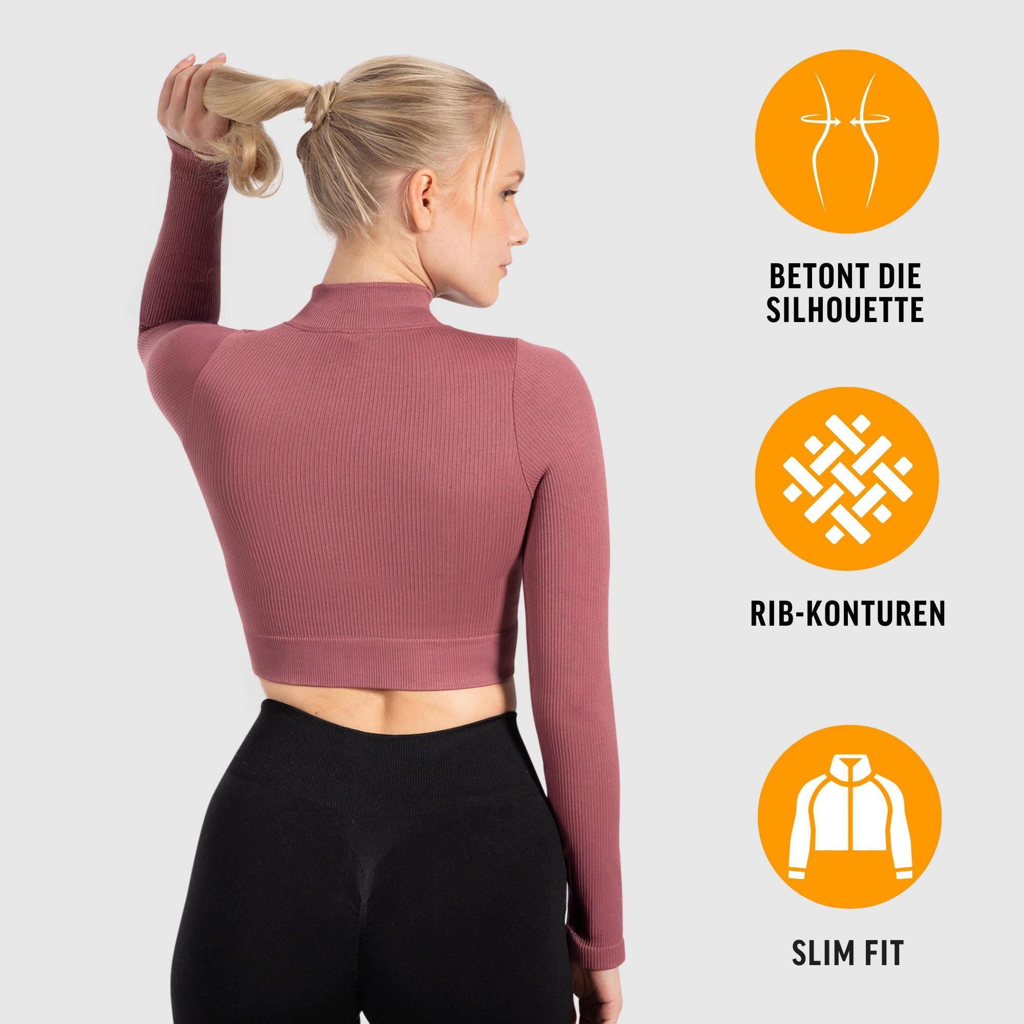 Smilodox Trainingsjacke Zeya, Size Up empfohlen, Crop Sportjacke Slim Fit, hoher Kragen Figurbetonte Laufjacke, Zip-Jacke Rippstruktur & Stretch, Workout Yoga