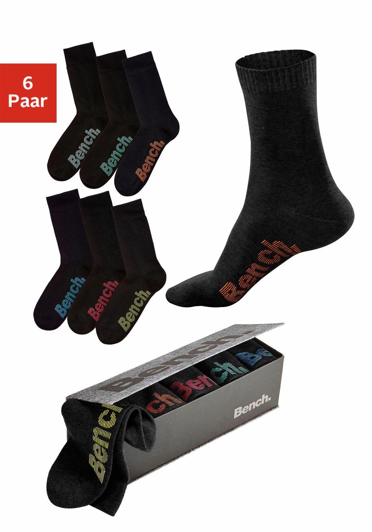 Logos 6-Paar) mit (Set, verschiedenfarbigen schwarz Bench. Socken