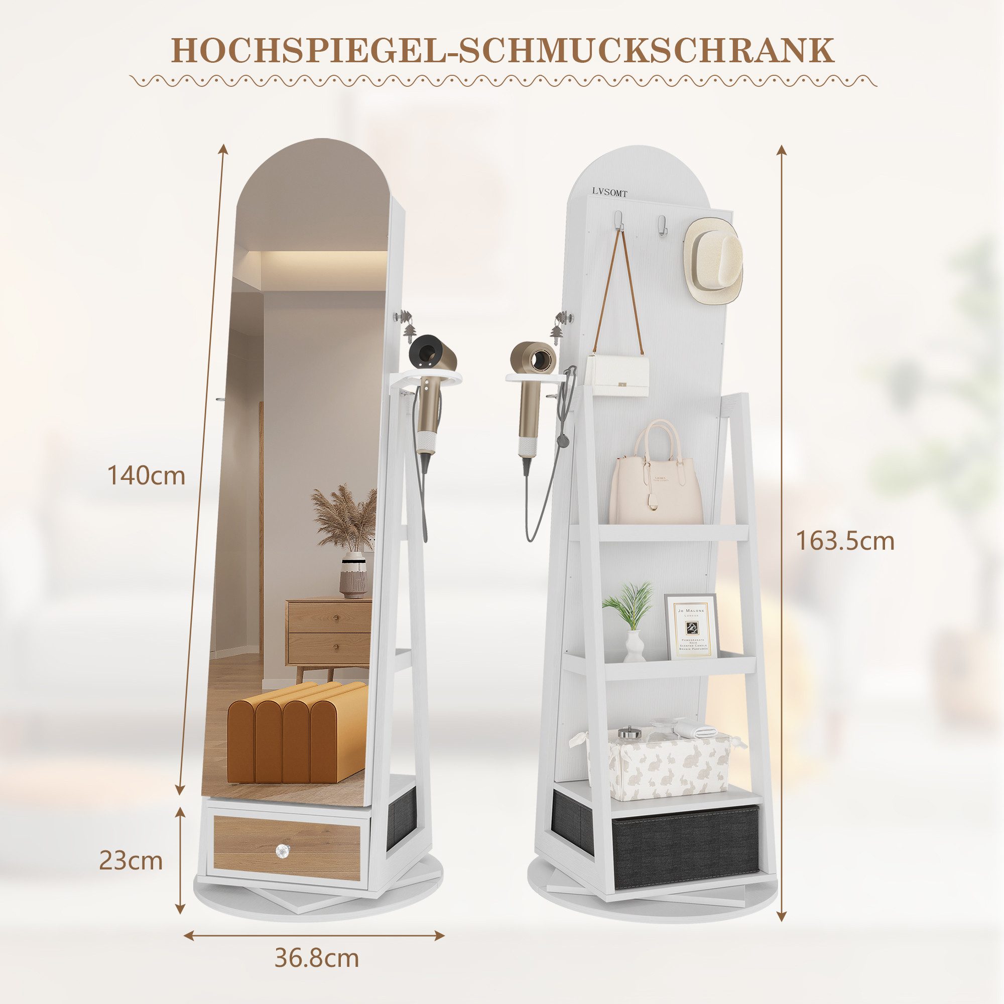 LVSOMT Schmuckschrank 360° Drehbar, LED Bogen günstig online kaufen