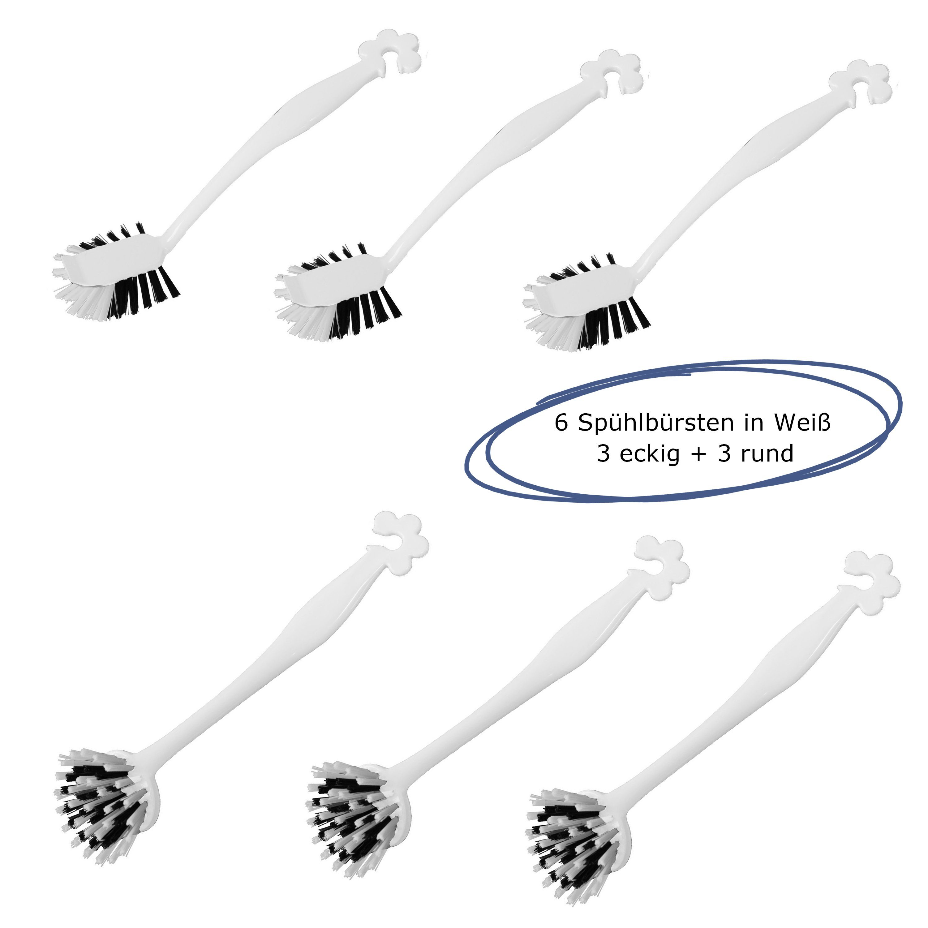 SHD Reinigungsbürste Spülbürsten Set Schwarz, 3 x runder & 3 x rechteckiger Bürstenkopf, (Spar-Set, 6-tlg)
