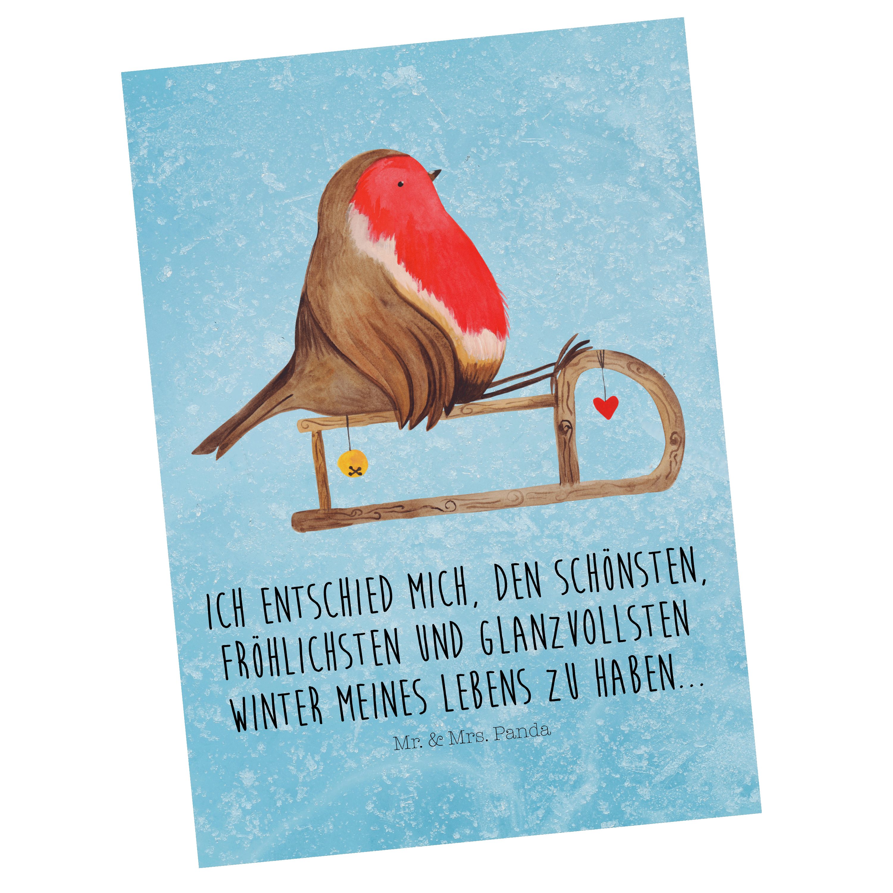 Mr. & Mrs. Panda Postkarte Rotkehlchen Schlitten - Eisblau - Geschenk, Heiligabend, Wintermotiv