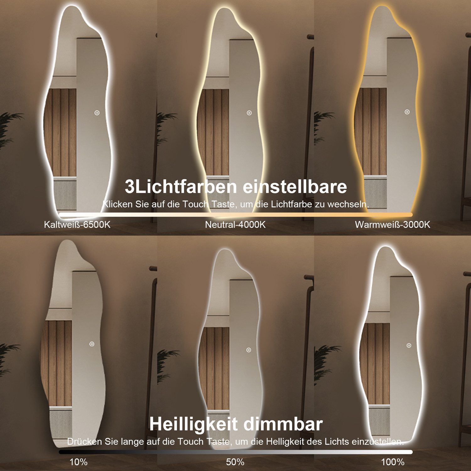 WDWRITTI Dekospiegel rahmenlos Ganzkörperspiegel mit Beleuchtung gross 165x60cm (Wandspiegel Kalt/Neutral/Warmweiß, Helligkeit dimmbar, Speicherfunktion), mit N – Bild 3 von 5