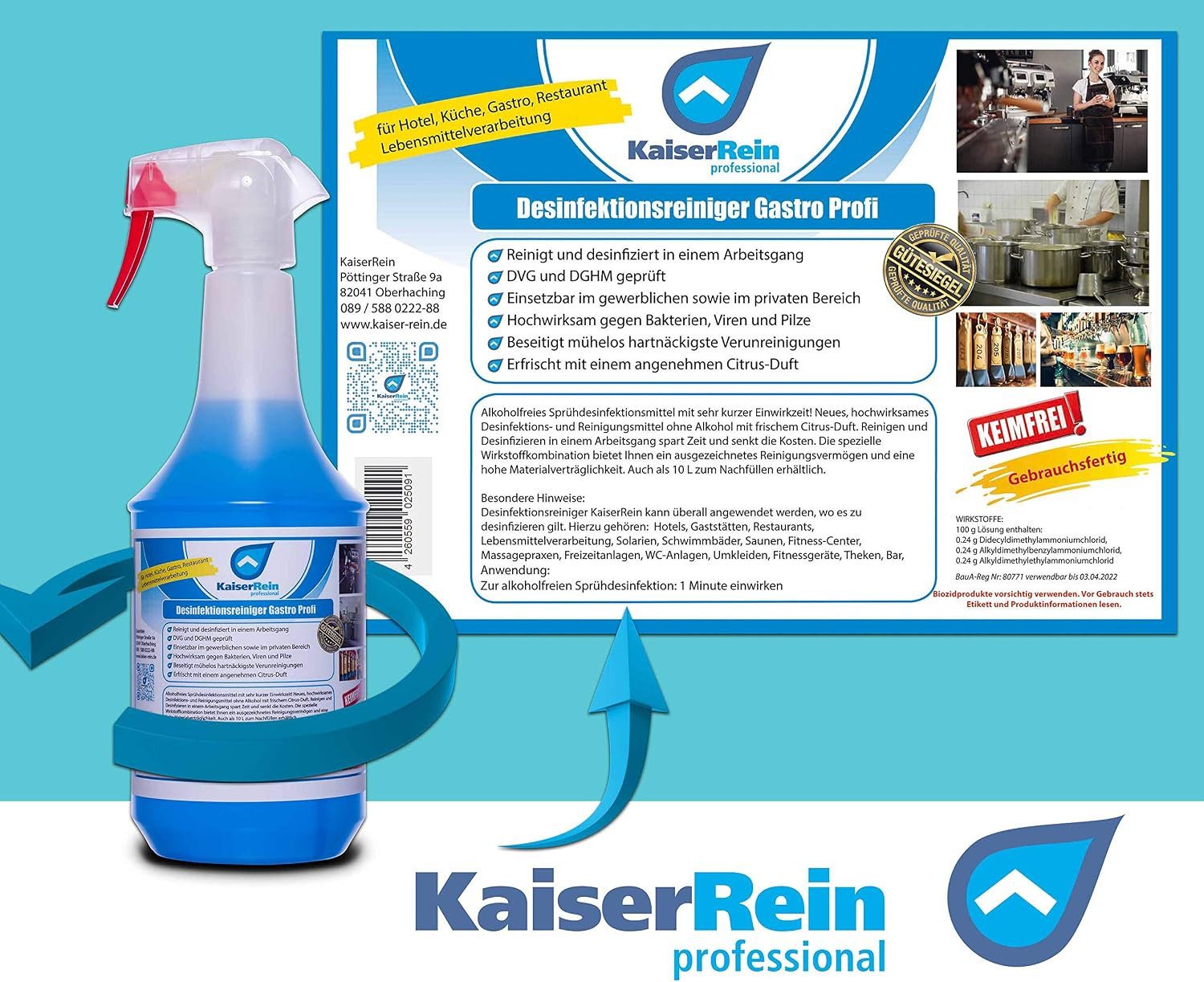 KaiserRein Desinfektionsspray Gastro Profi Allzweckreiniger (Gebrauchsfertig, Alkoholfrei, Materialschonend, Desinfizierend)