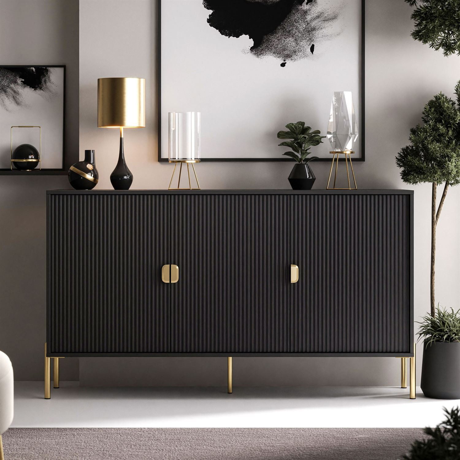 ALLHOUSE24 Kommode GRANDE geriffelte Front gold Beine und Griffe - Sideboard, Breite 154 cm