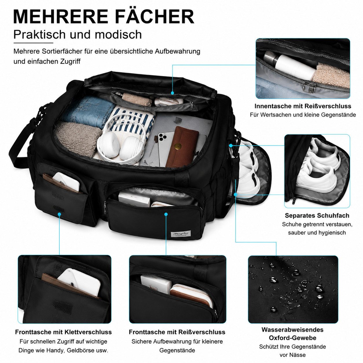 ibettertec Sporttasche Reisetasche für Damen und Herren, für Sport Fitness Schwimmen Reisen (Trainings Tasche, Sport Bag für Sport & Reisen, mit verstellbaren Schultergurten,Schuhfach und Nassfach), Funktionales Design