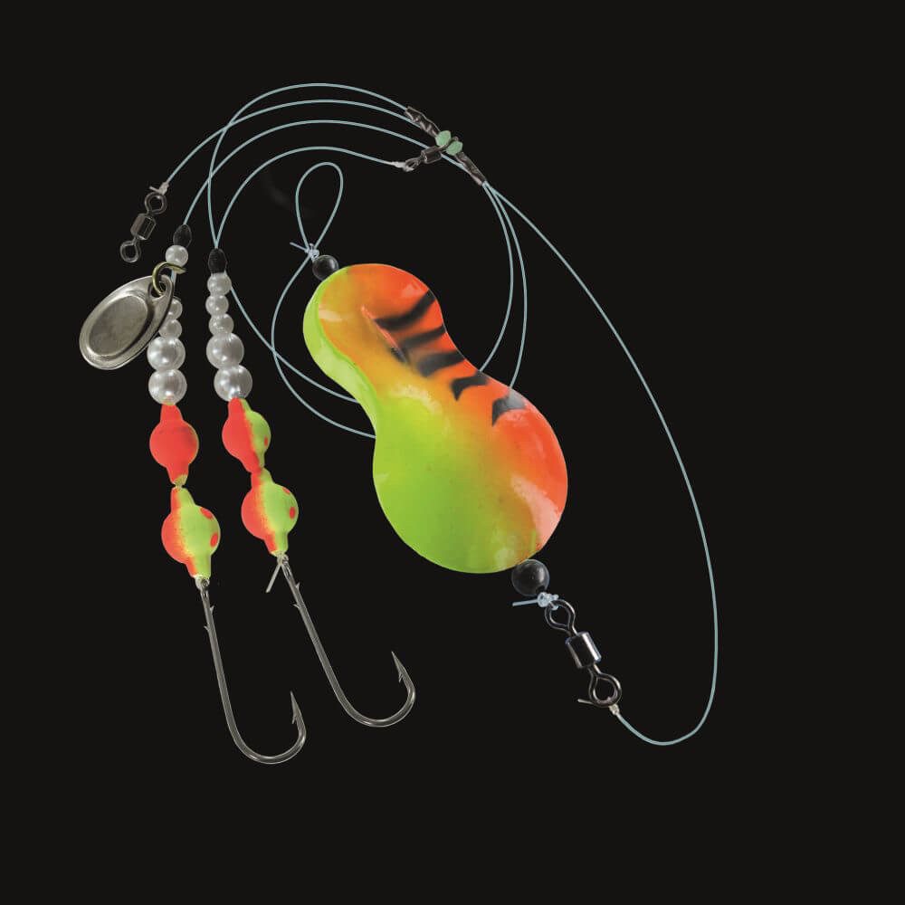 Jenzi Vorfachschnur Jenzi Inline-Buttlöffel montiert 110cm UV Grün Rot Tiger, 1,1 m Länge, 0,5 mm Fadendurchmesser, (1-St), Durchmesser: 0,50 / 0,35 mm