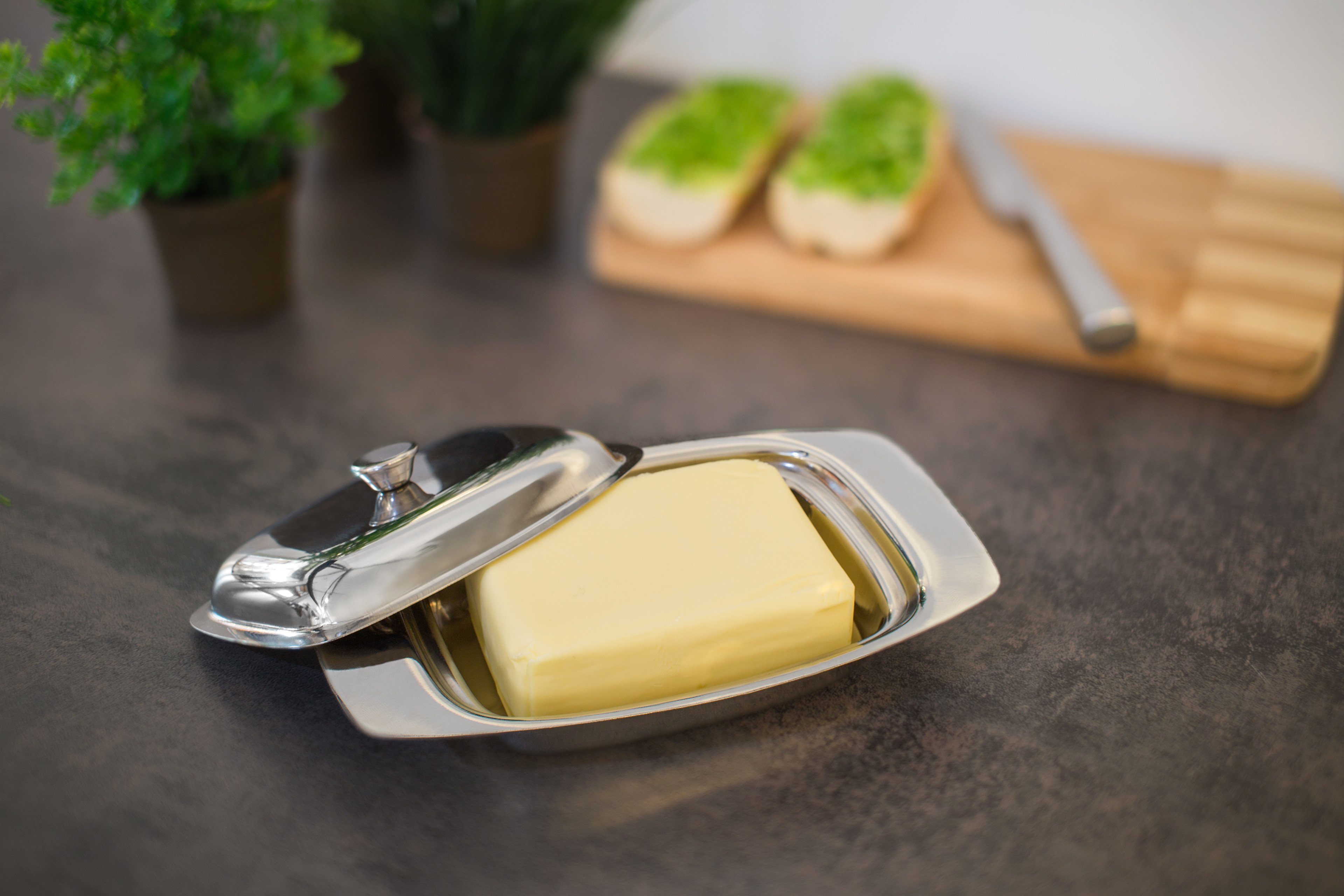 relaxdays Butterdose Edelstahl mit Griff, Edelstahl