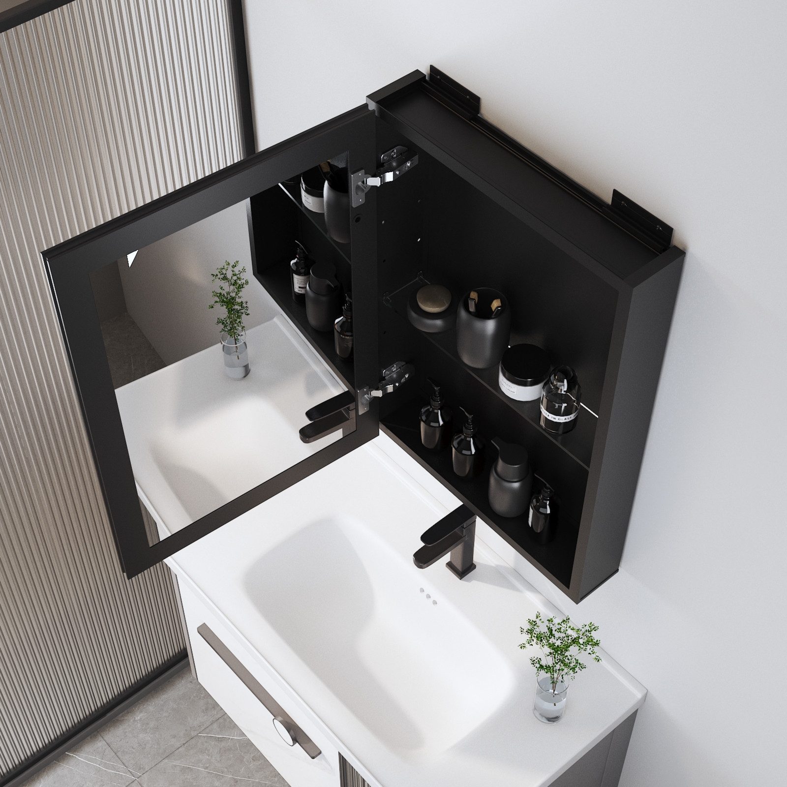 Boromal Badspiegel mit schrank Spiegelschrank Schwarz Eckig Aluminium 80x60 50x70 40x60cm (Badschrank Hängend 2-türig, 1-türig, Doppelseitiger HD Spiegel), Verstellbare Glasböden, Softclose-Scharnieren
