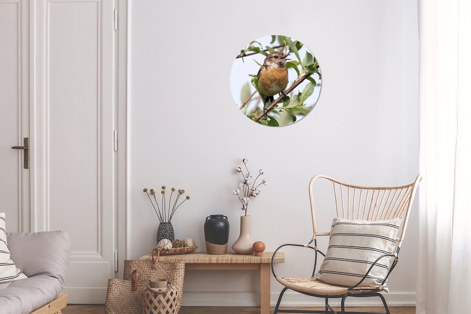 Wandbild, (1 Rundes Blätter, Vogel Kreis cm - MuchoWow Gemälde Wohnzimmer, - St), Äste Forex, 30x30 Wanddekoration