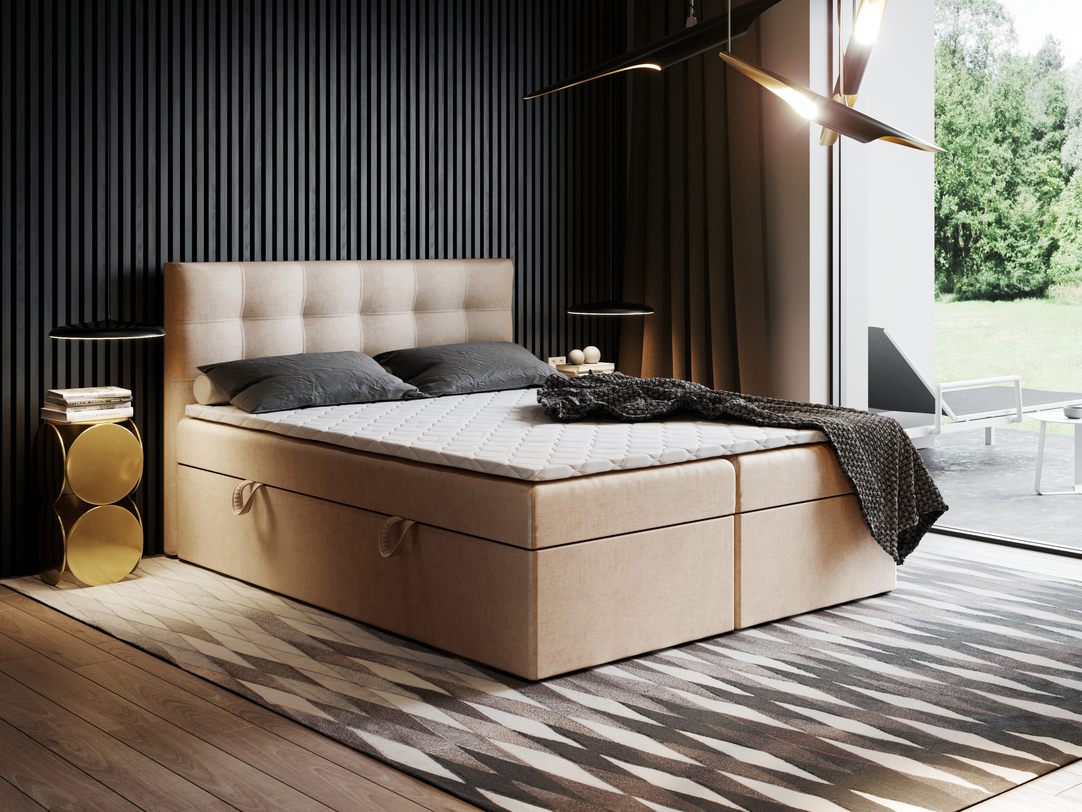 Godre Boxspringbett mit Bettkasten Ewora 120x180 cm mit Bonell Matratze (Bett + Matratze + Topper T-Visco), Bett mit zwei seitlich zu öffnenden Kästen