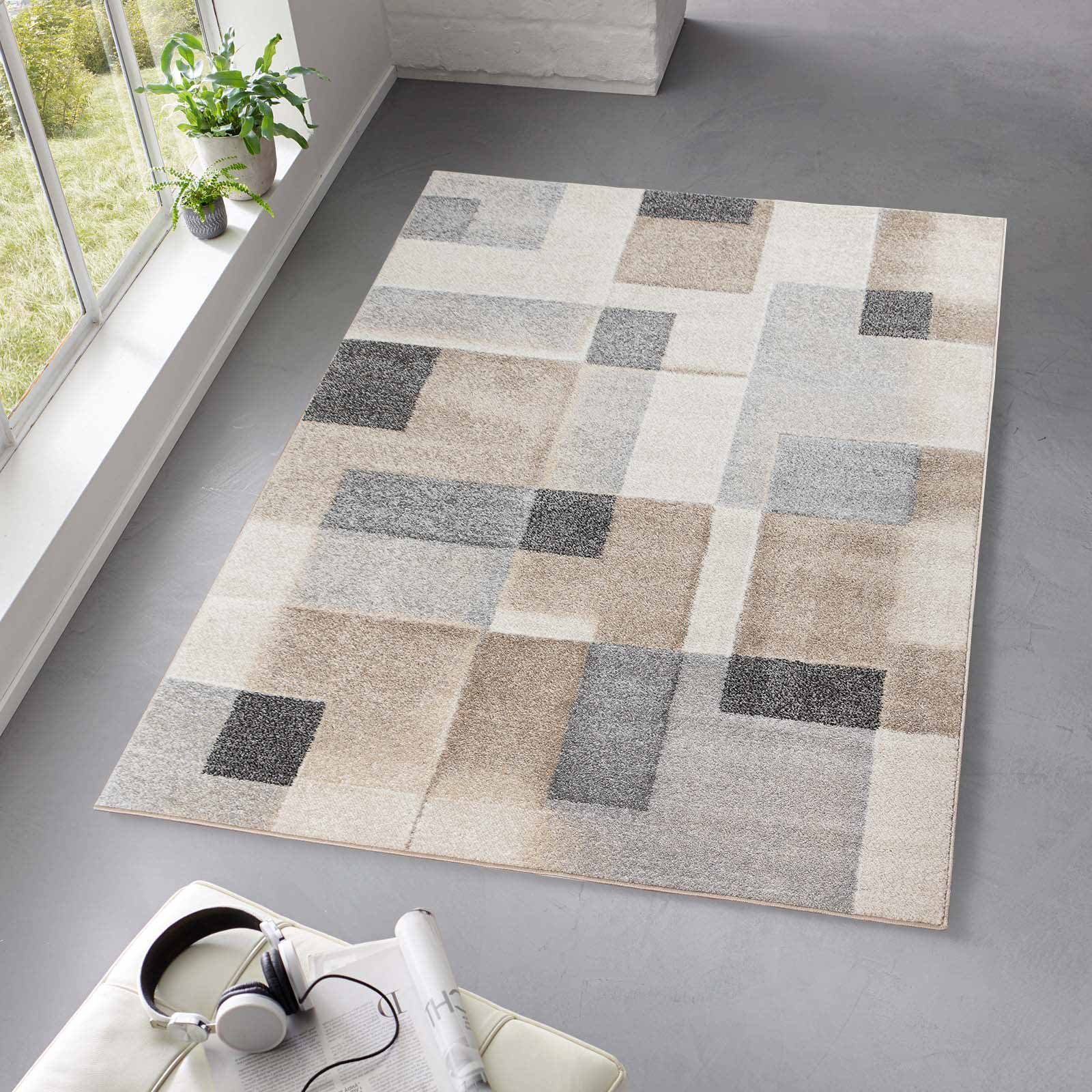 Teppich Moderner Designerteppich TC-Fashion 6114 Karos in grau, beige und blau, TaraCarpet, rechteckig, Höhe: 12 mm, Kurzflor Karos grau beige Wohnzimmer Schlafzimmer Kinderzimmer 080x140