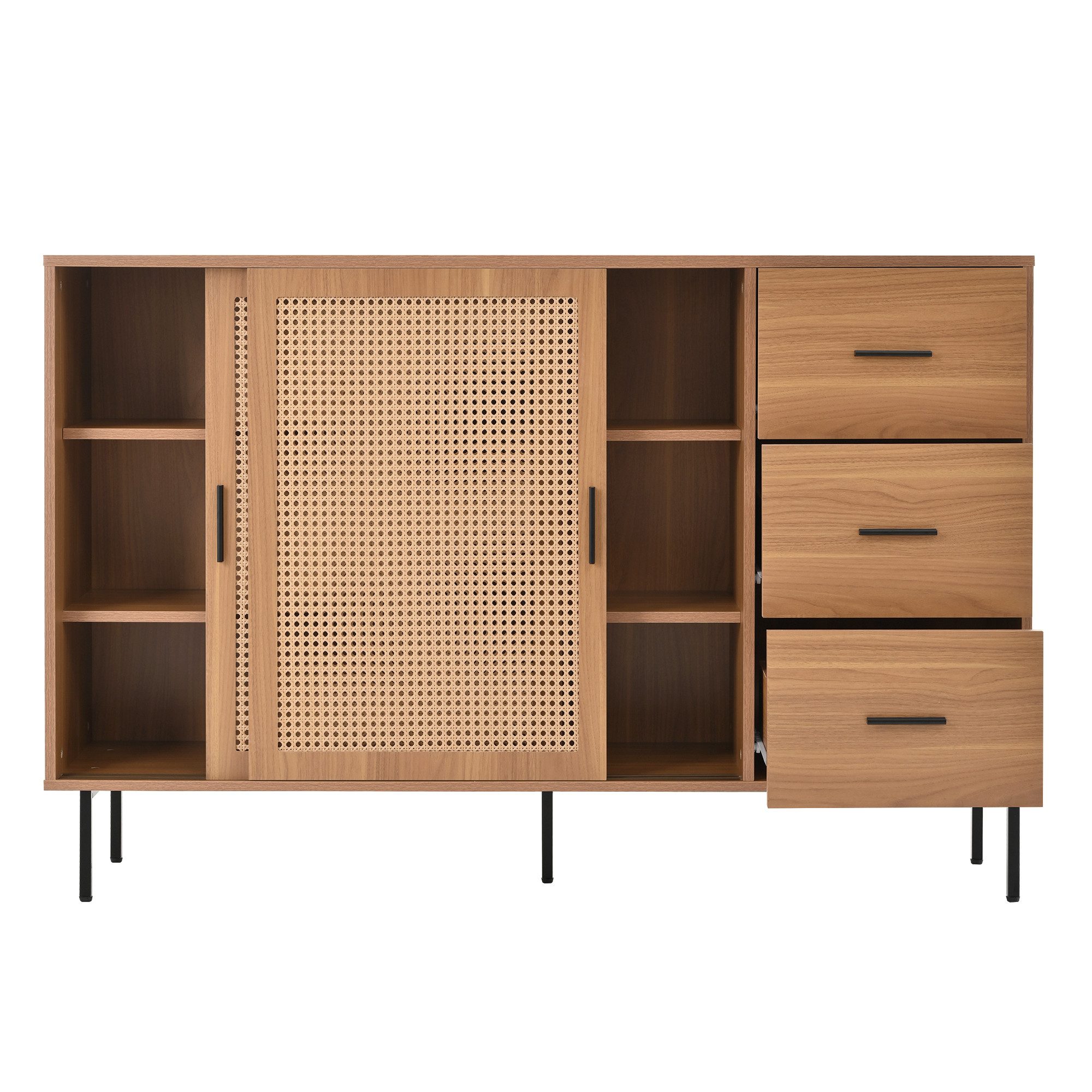 Flieks Kommode mit 2 Rattan-Schiebetüren und 3 Schubladen (Maße: B140/H91/T37 cm, 1 St., Schrank für Wohnzimmer, Schlafzimmer, Arbeitszimmer und Esszimmer), Sideboard Holzschrank Mehrzweckschrank mit verstellbaren Einlegeböden