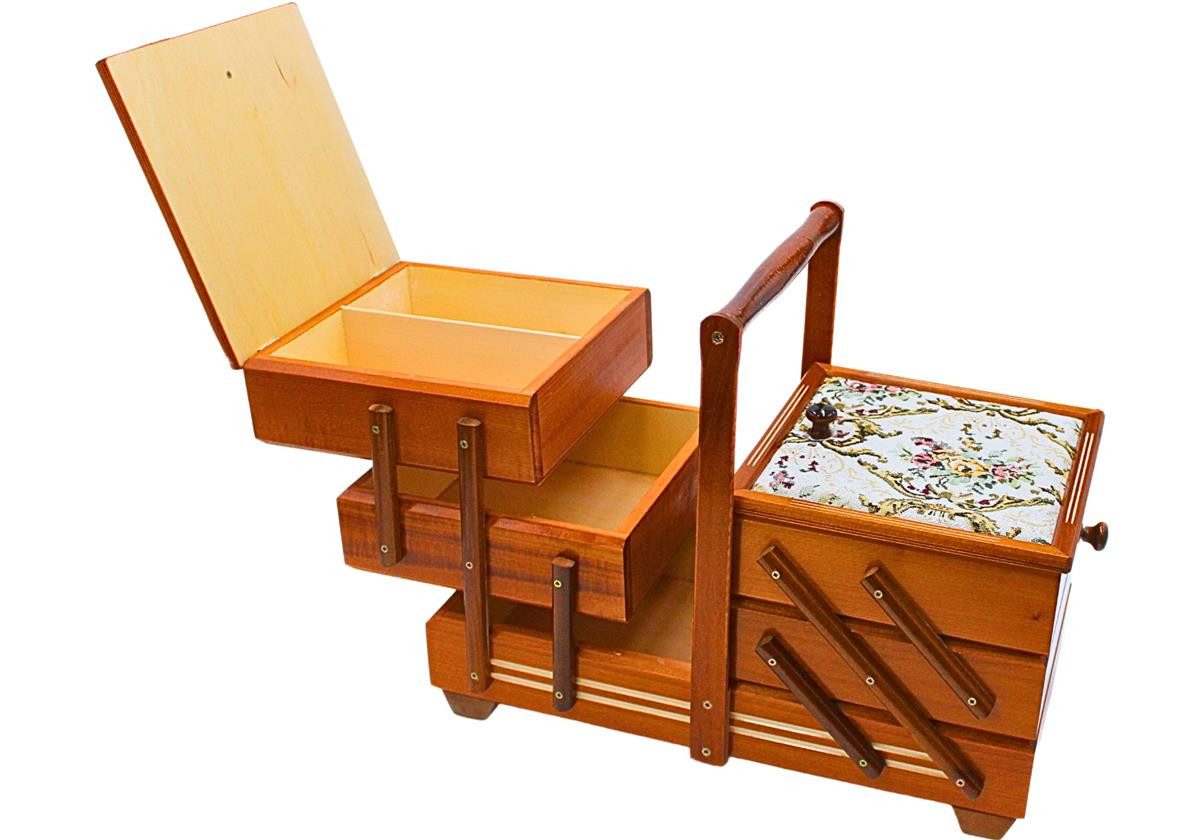 Dekohelden24 Nähkorb Hochwertiger Nähkasten, Nähkästchen aus Furnierholz mit 7 Fächern und (1 St), und Stoffbezug Rosenmotiv in Mahagoni, L/B/H 42 x 20 x 21 cm  – Bild 5 von 5