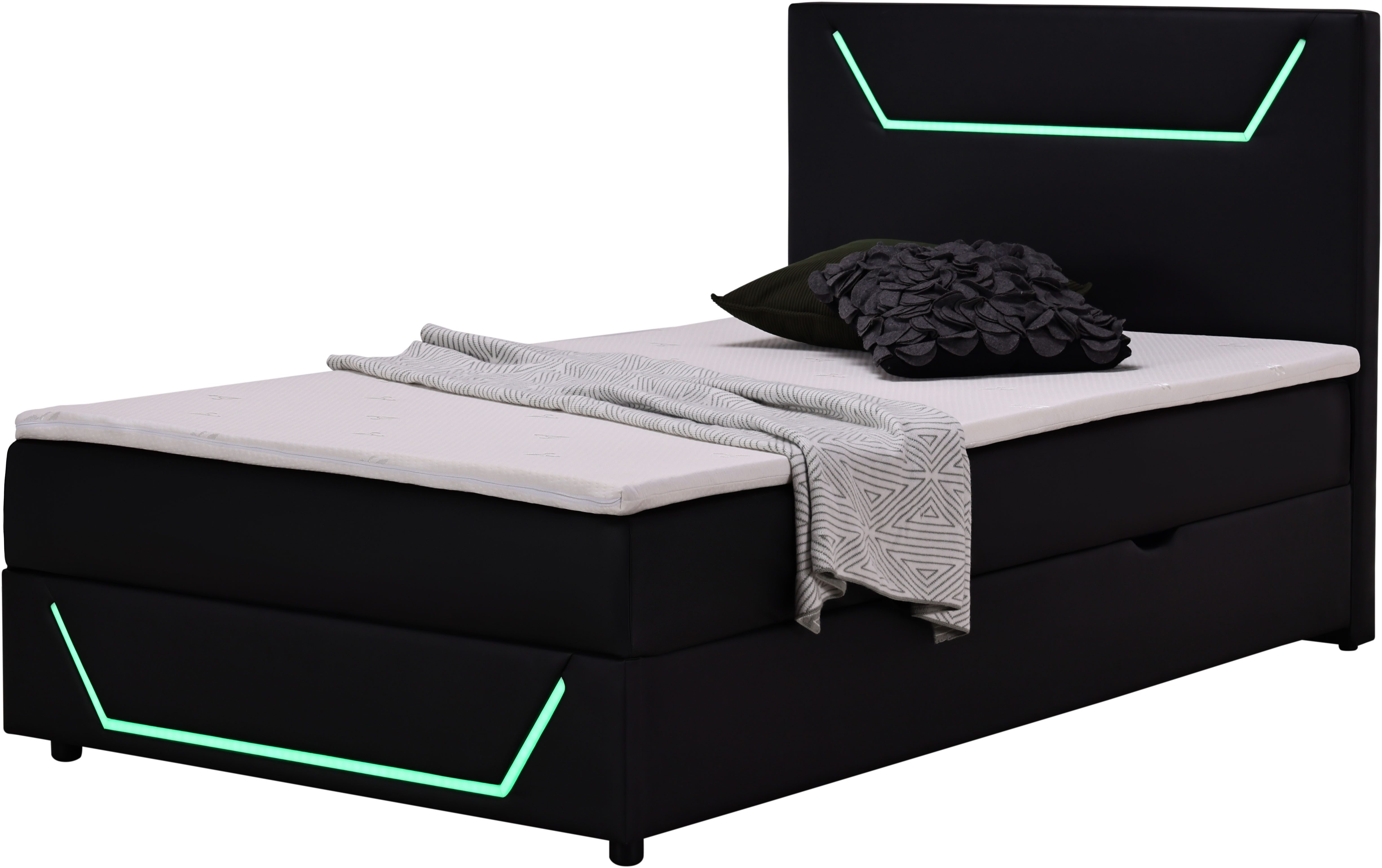 Home affaire Boxbett GALAXY inkl. Bettkasten, mit grüner LED-Beleuchtung, Breite: 120cm, Gamingbett mit USB-C und USB-A Anschluss am Kopfteil, inkl. Topper