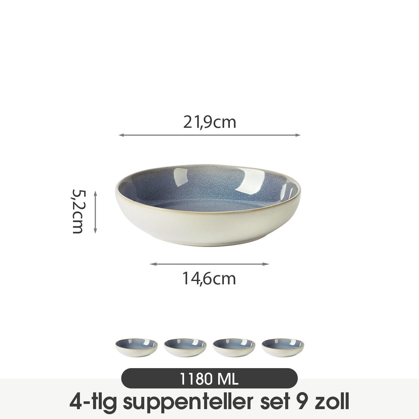 JIWOO Suppenteller 4er Ø21,9cm, Speiseteller Pastateller Salatteller Dessertteller Plate, (4 St), Keramik Hochwertiges Tellerset Blau Mikrowellenofen Spülmaschine