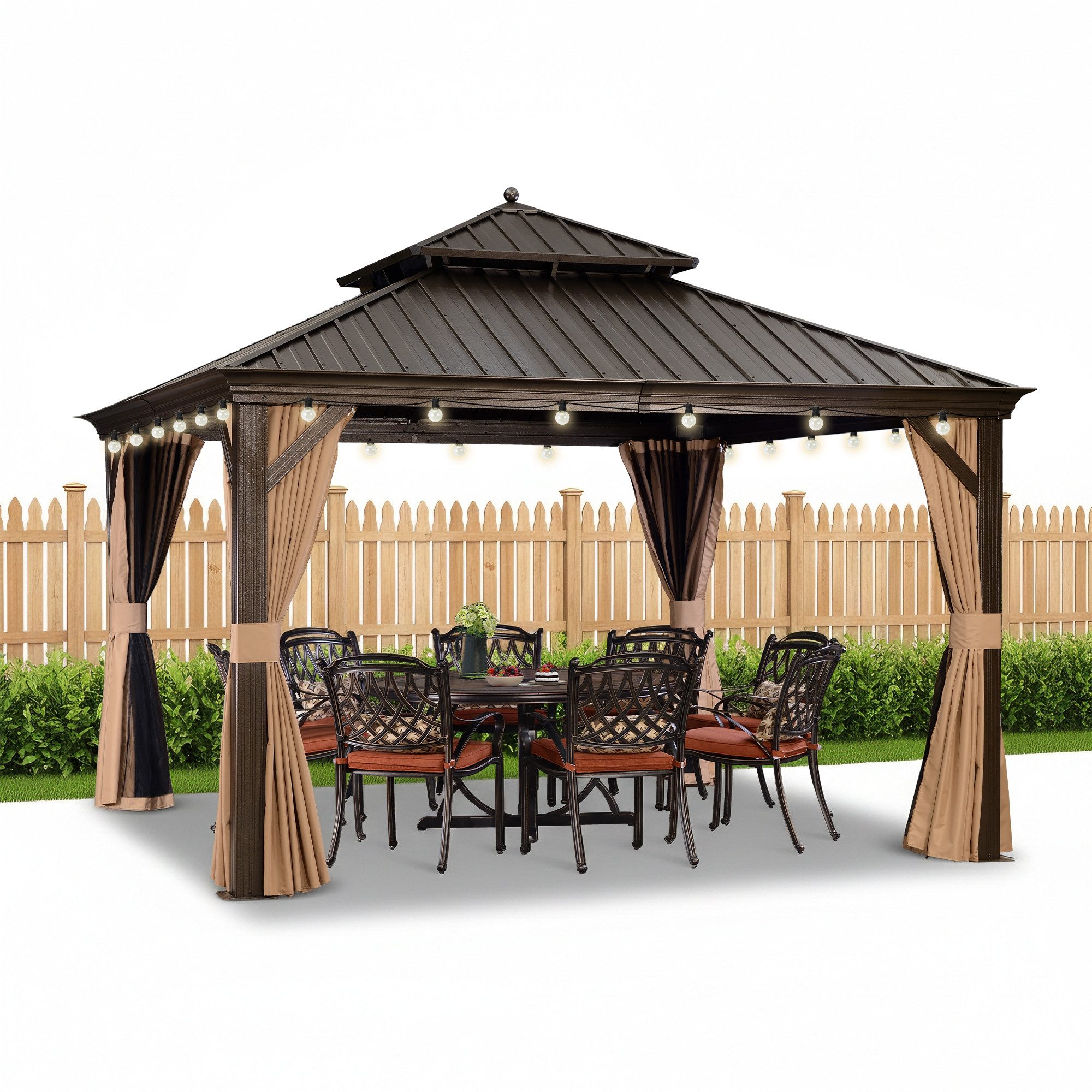 PURPLE LEAF Pavillon Hardtop Alu Gartenpavillon mit Seitenteilen und LED-Beleuchtung, (1 Pavillon + LED-Licht, Vorhängen und Moskitonetz), Wasserdicht, UV-beständig, Privatsphärenschutz