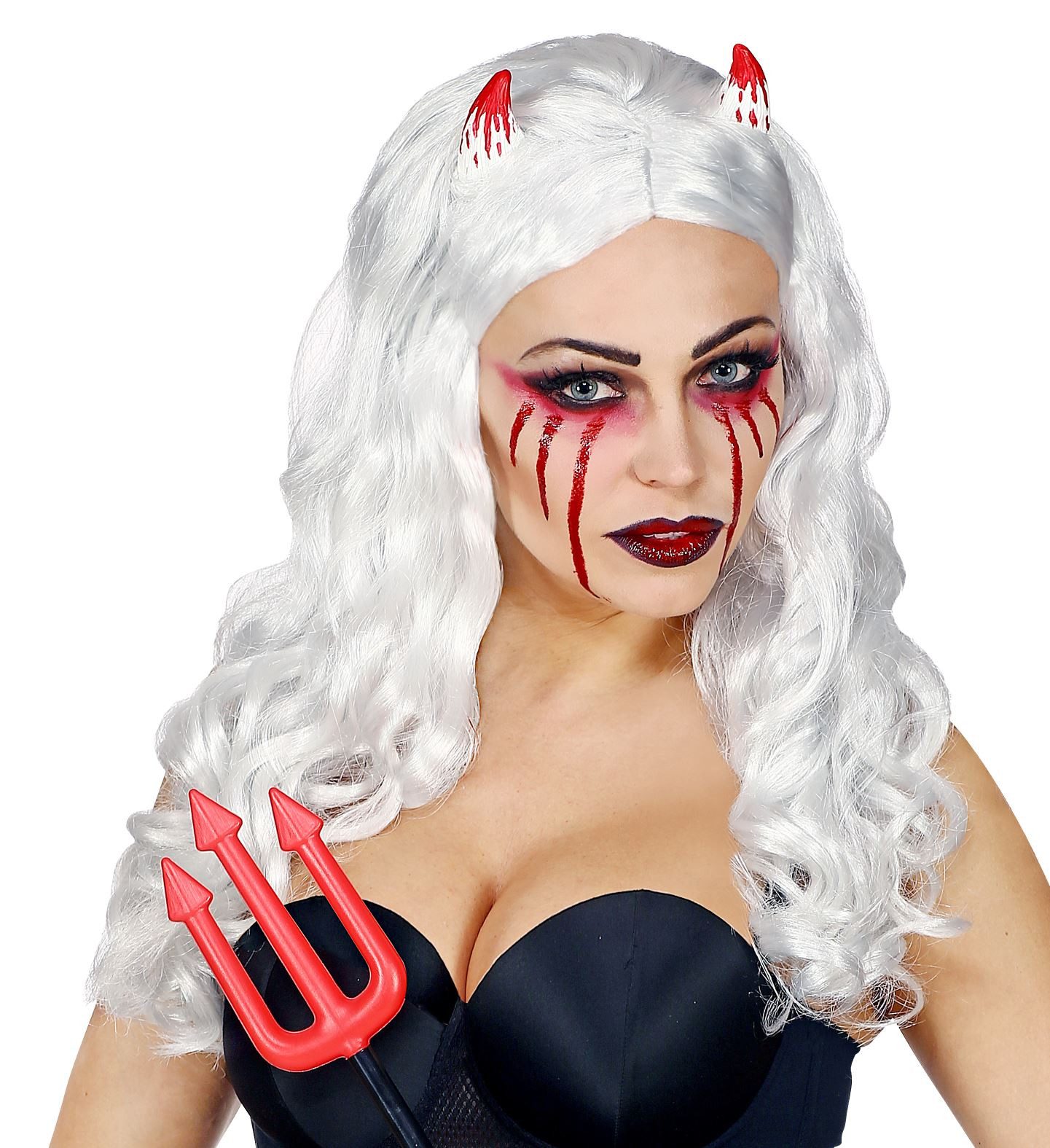 Kostüm-Perücke Perücke 'Teufelin' mit Teufelshörnern, Weiß