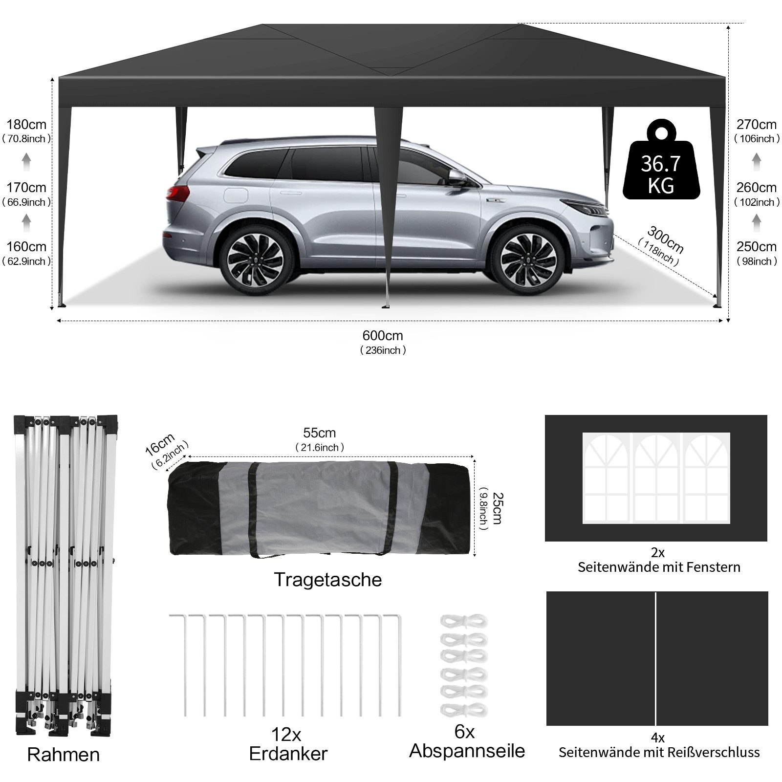 LUCKZON Pavillon 3x6m, wasserdicht&UV-Schutz 50+, inkl. günstig online kaufen