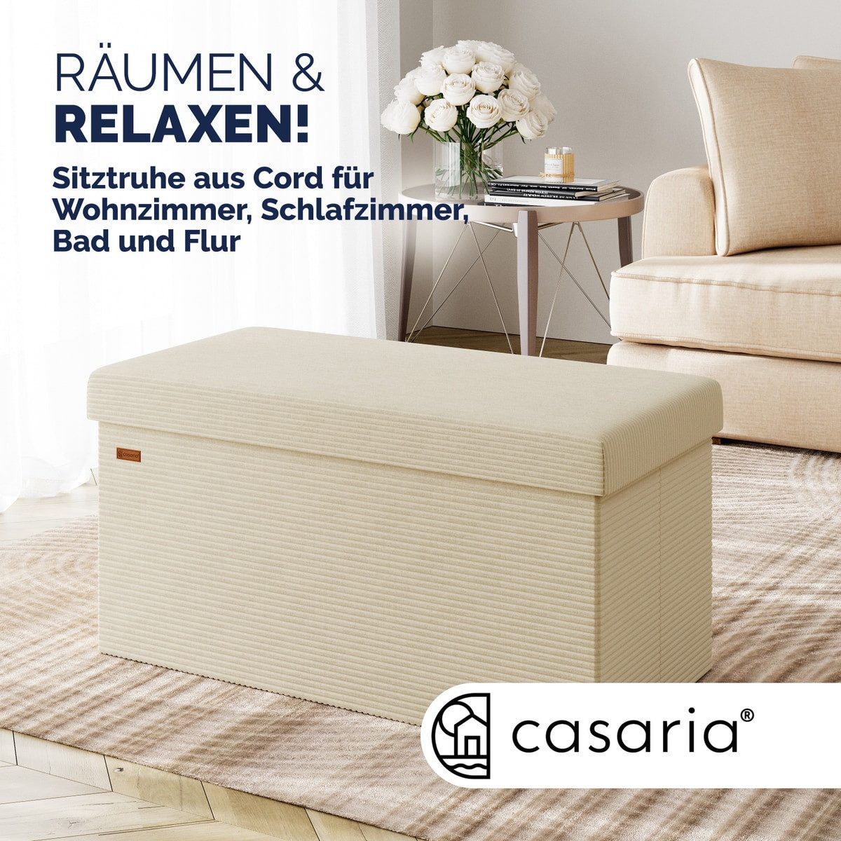 Casaria Sitzbank, Cord Beige Faltbar 76x38cm 300kg Belastbarkeit Wohnzimmer Schlafzimmer