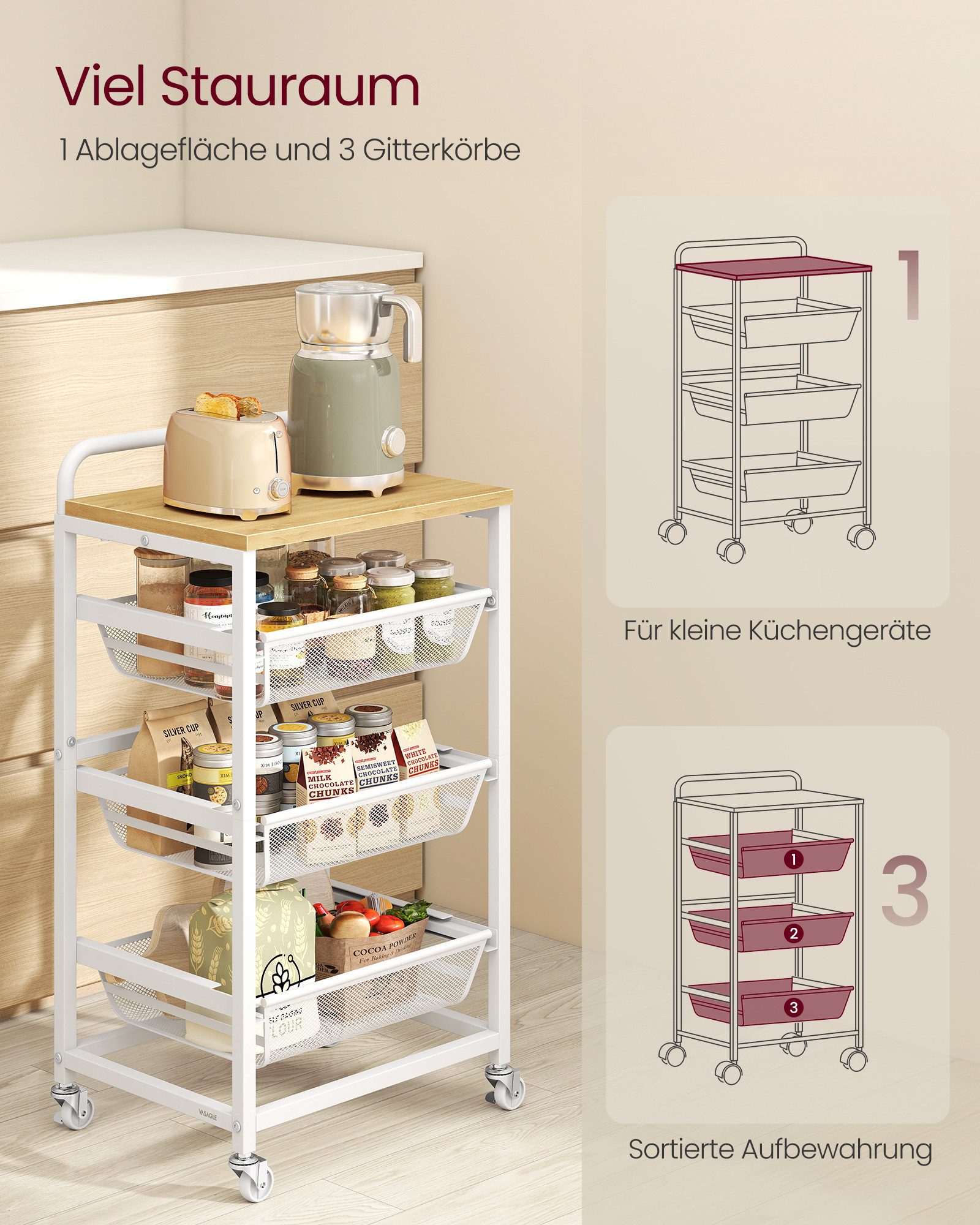 VASAGLE Beistellwagen Servierwagen, Rollwagen mit herausziehbaren Körben, Küchenregal, mit 4 Ebenen, auf Rollen, Griff, 31,7 x 40 x 76 cm
