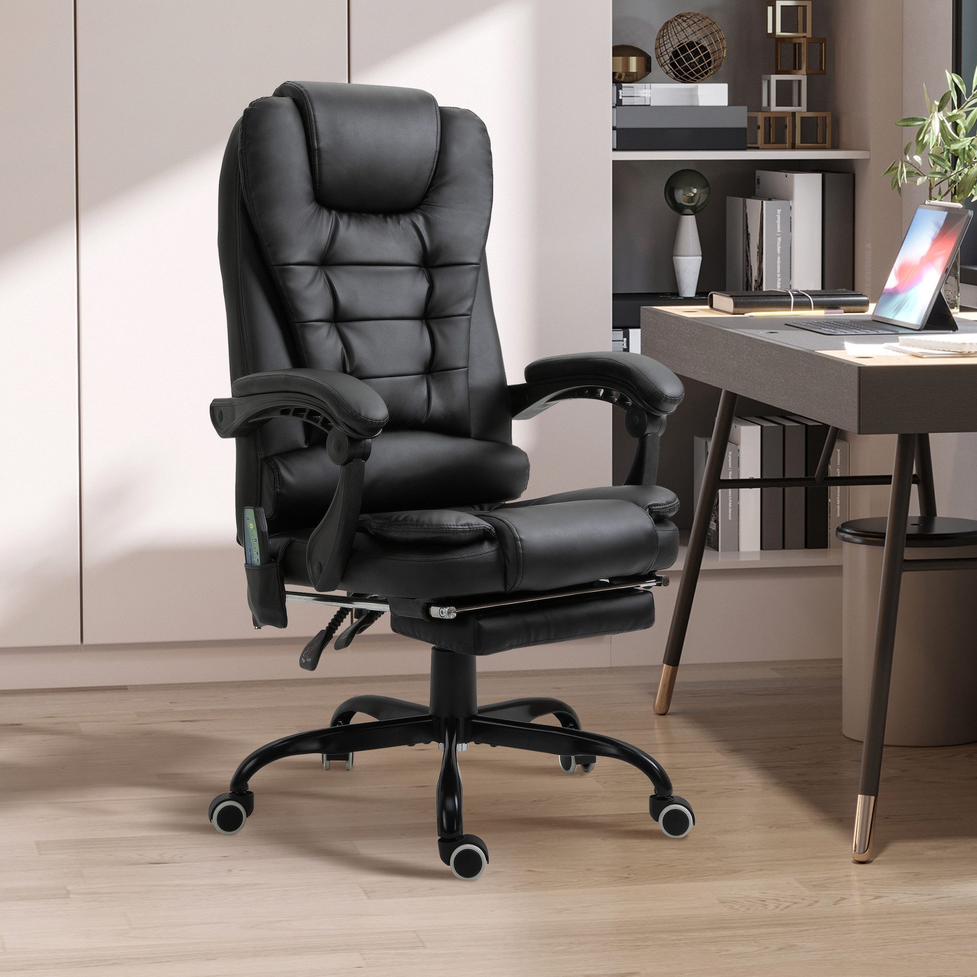 Vinsetto Schreibtischstuhl Bürostuhl mit Massagefunktion, Liege- & Wärmefunktion, Fußstütze (Bürostuhl, 1 St), 120 kg belastbar, für Arbeitszimmer, Büro, Schwarz