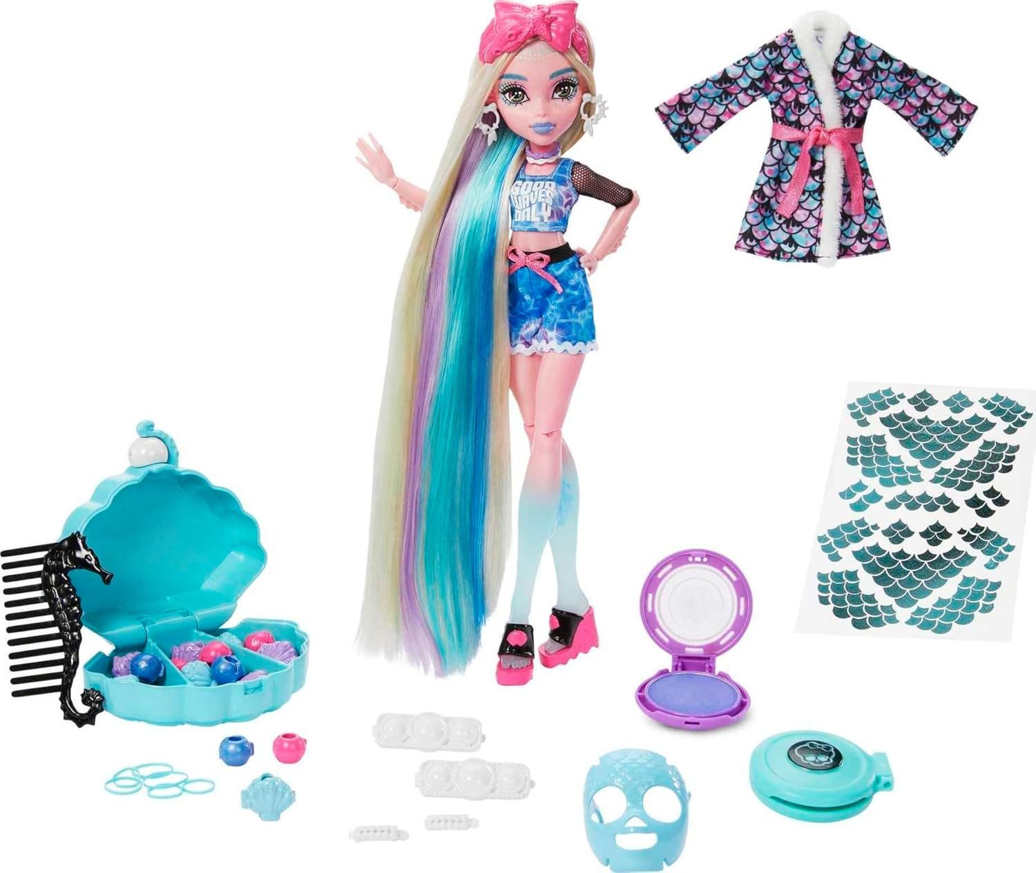 Mattel® Biegepuppe Monster High Puppe Lagoona Blue Spa Day Set Zubehör Haarspangen HKY69