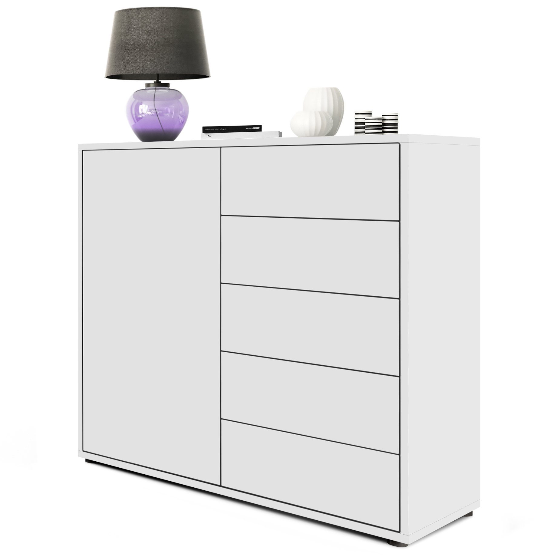 Vladon Kommode Ben V2 (Kommode, mit 1 Tür und 5 Schubladen), Weiß matt/Weiß matt (79 x 74 x 36 cm)