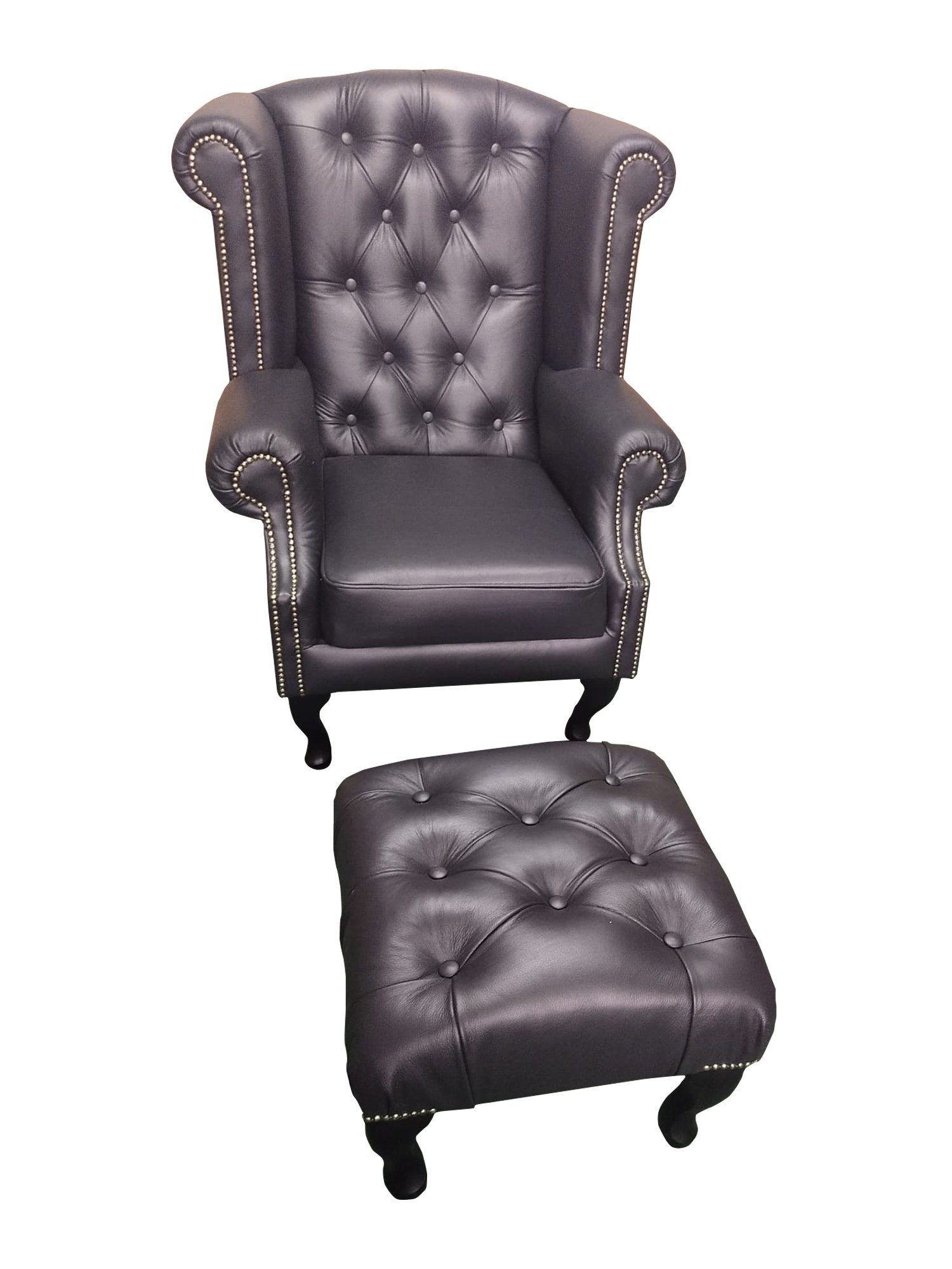 Xlmoebel Ohrensessel Luxus Chesterfield Sessel mit Hocker aus schwarzem Leder (2-St), Made in Europa