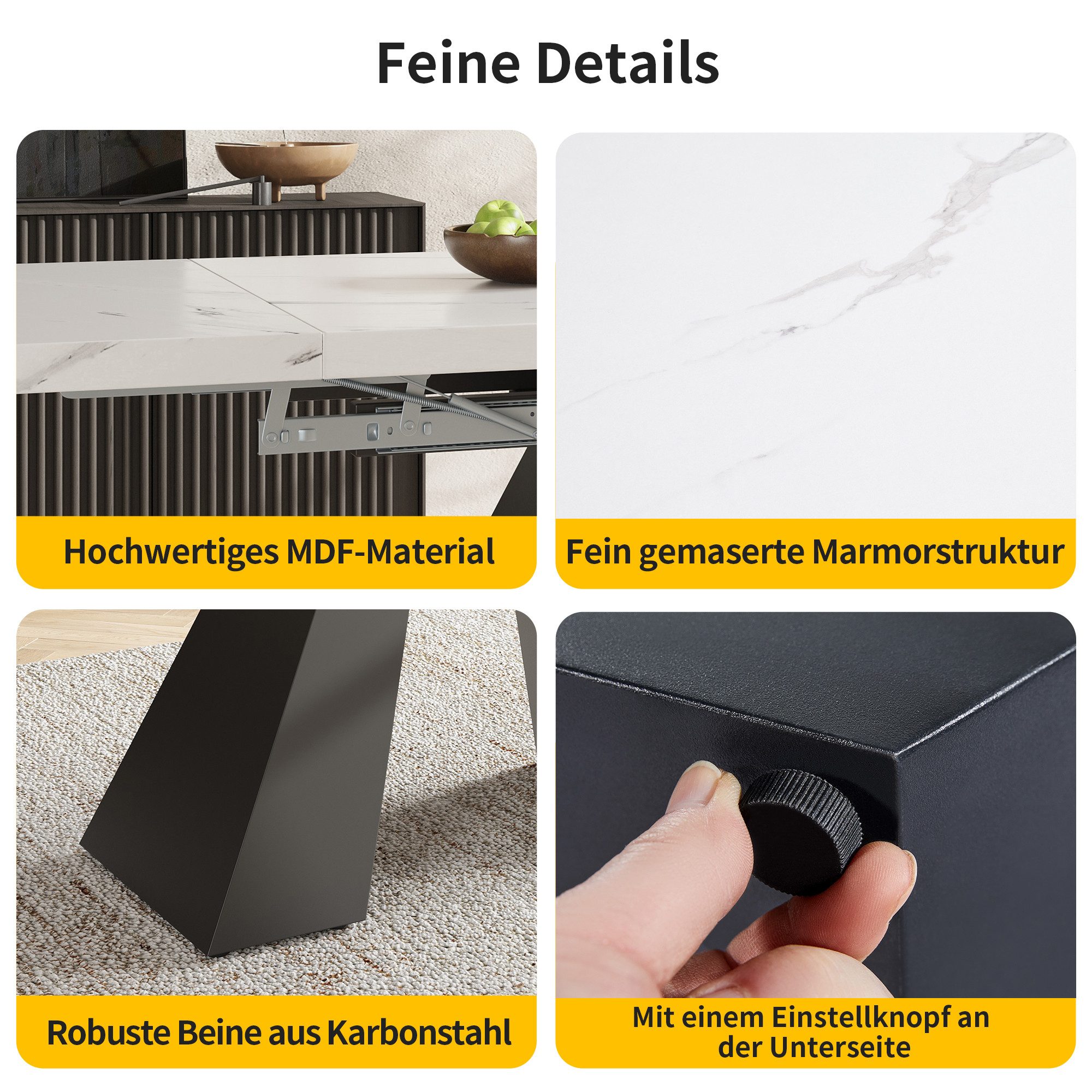 STILVORA Esstisch mit Säulenbeinen,Ausziehtisch Küchentisch mit Marmorierte MDF-Platte (Teleskoptisch Esstisch (99-159×74 cm), Ausziehbar mit Marmoroberfläche, Flexible Größe für Homeoffice & Wohnzimmer, Weißer MDF Tisch mit Carbonstahl-Beinen, Platzsparend & Stabil, Mit Schiebesystem & Verstellbarer Höhe, 1-St., 99-159 cm)