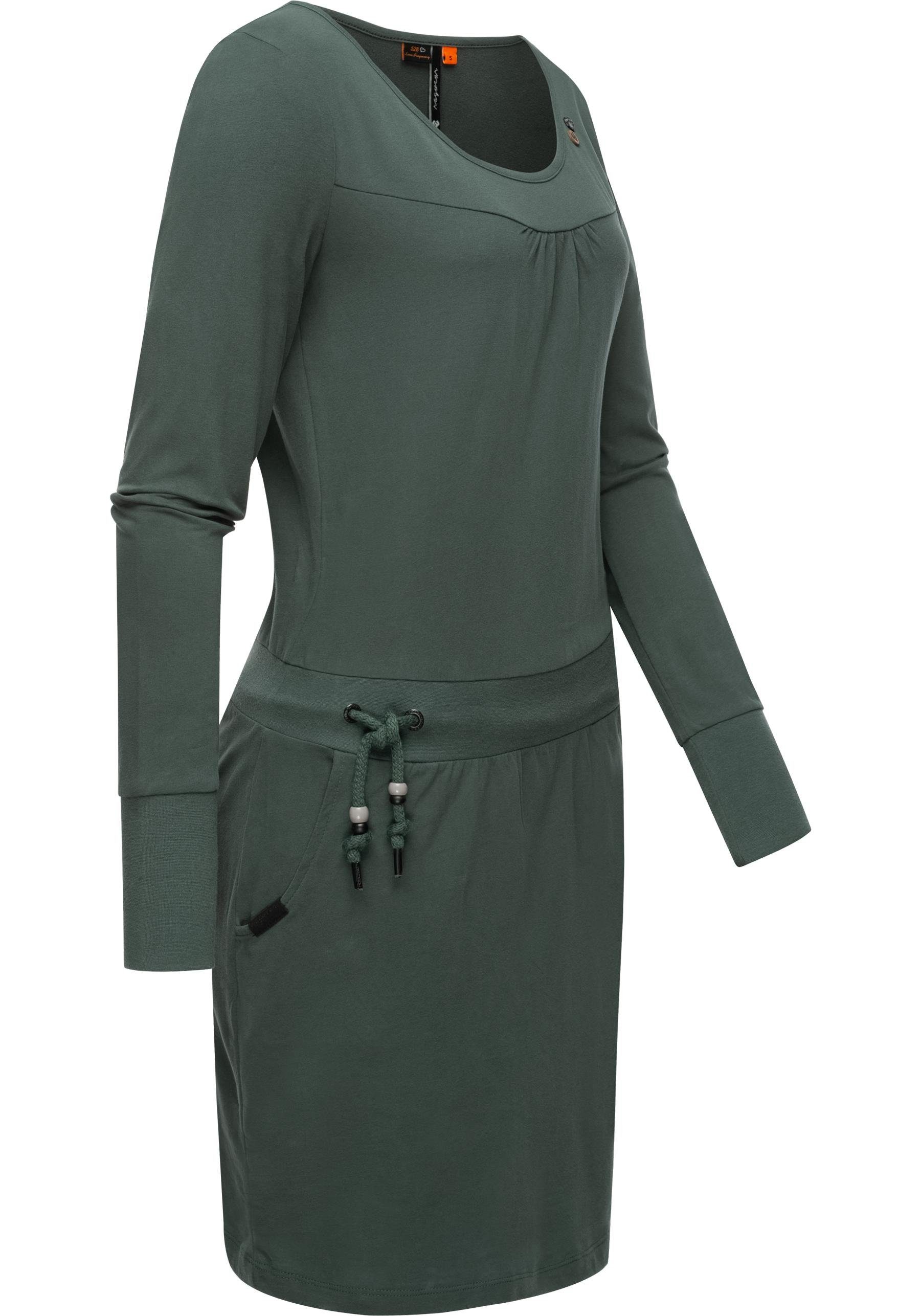 mit Jerseykleid Damen Taillenzugband Ragwear dunkelgrün Baumwoll-Kleid Langärmliges Penellope