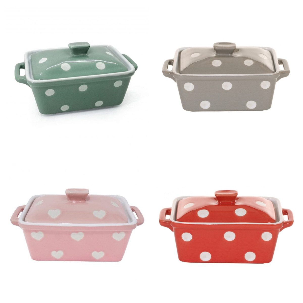 Isabelle Rose Butterdose Punkte Dots Herzen, (Backform, ca. 16,5 x 10 x 8 cm, mit Griffen und Deckel), handbemalt, ofenfest & geeignet für Mikrowelle, Spülmaschine