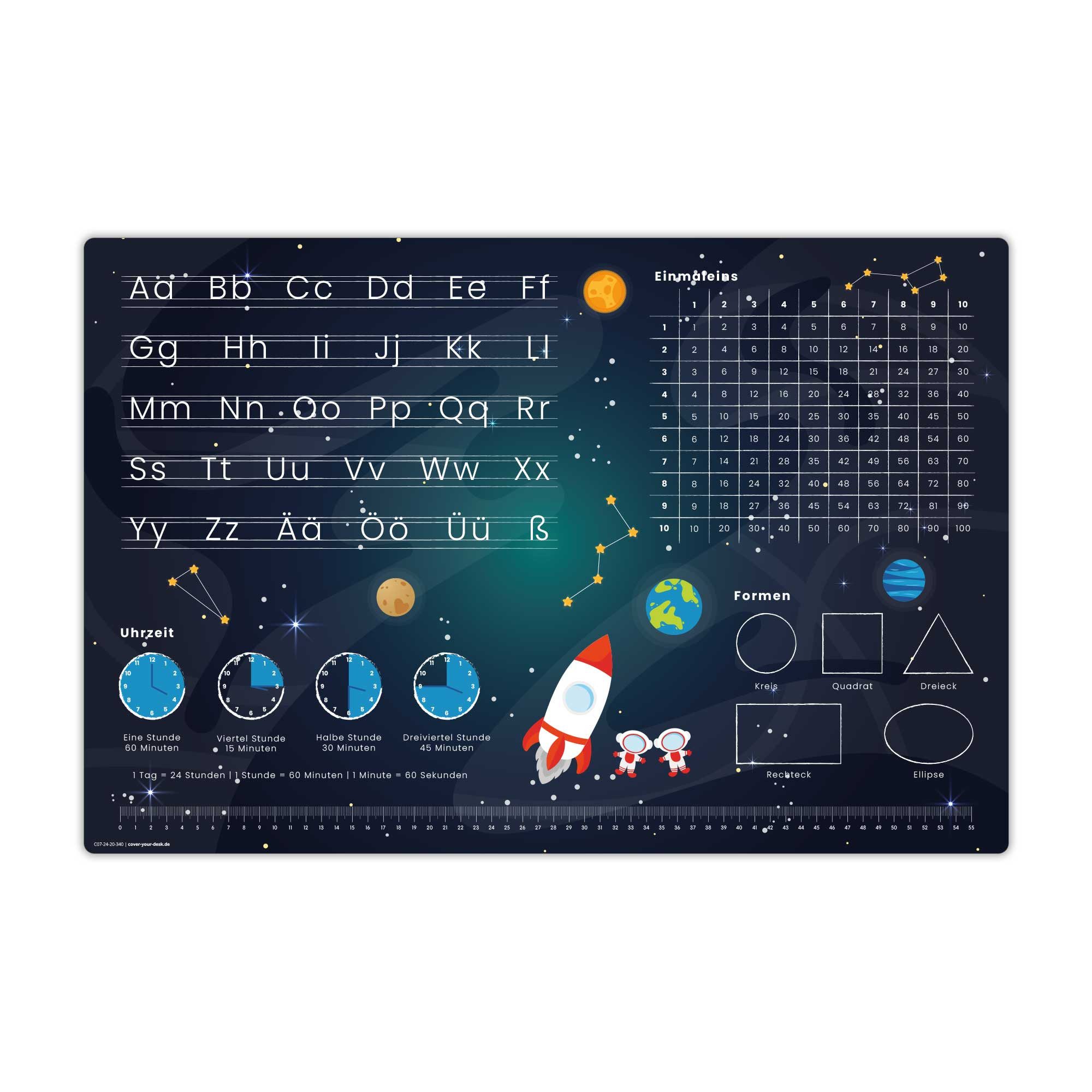 cover-your-desk.de Schreibtischunterlage Lernunterlage Weltraum - abc & 1x1 für Kinder - Made in Germany, (1 tlg)