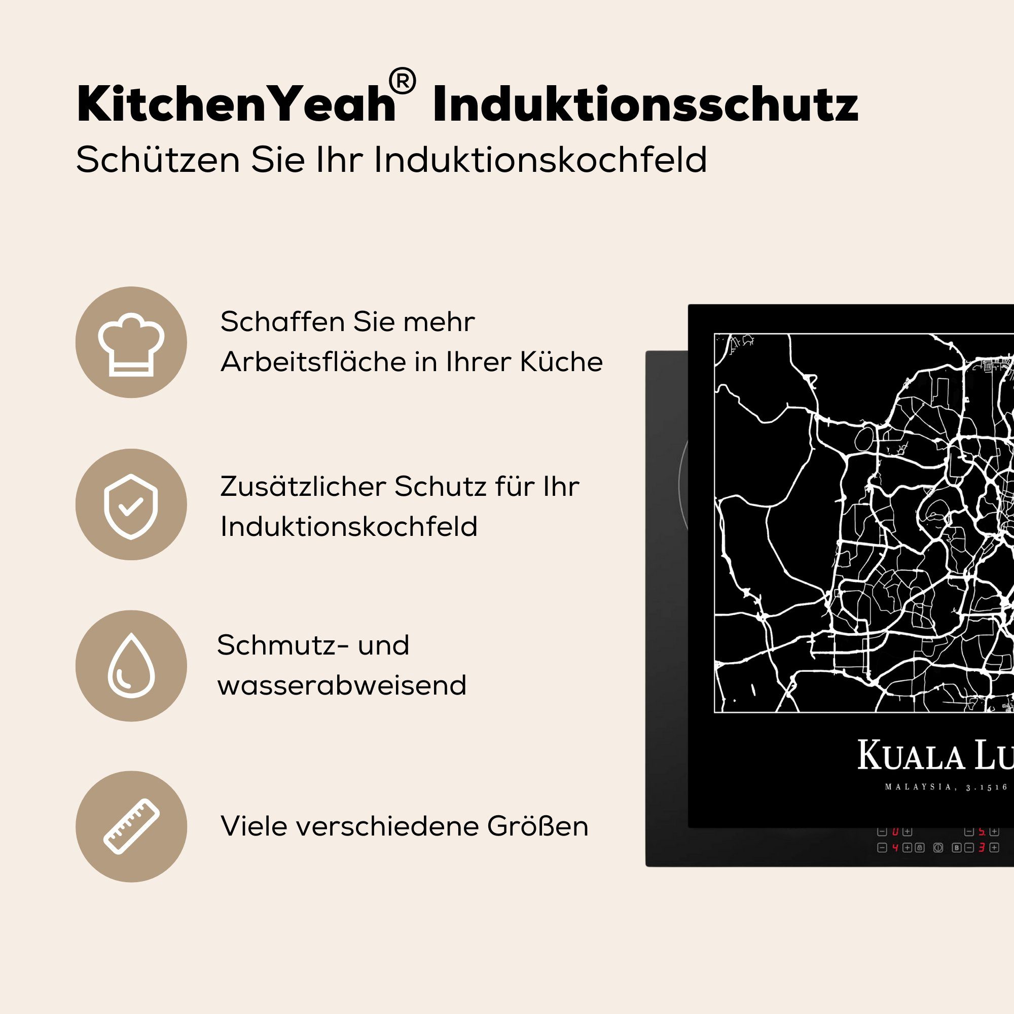 Stadtplan - Herdblende-/Abdeckplatte Induktionsschutz, (1 cm, Induktionskochfeld, Karte, Lumpur MuchoWow Ceranfeldabdeckung 59x51 Vinyl, - Kuala tlg),