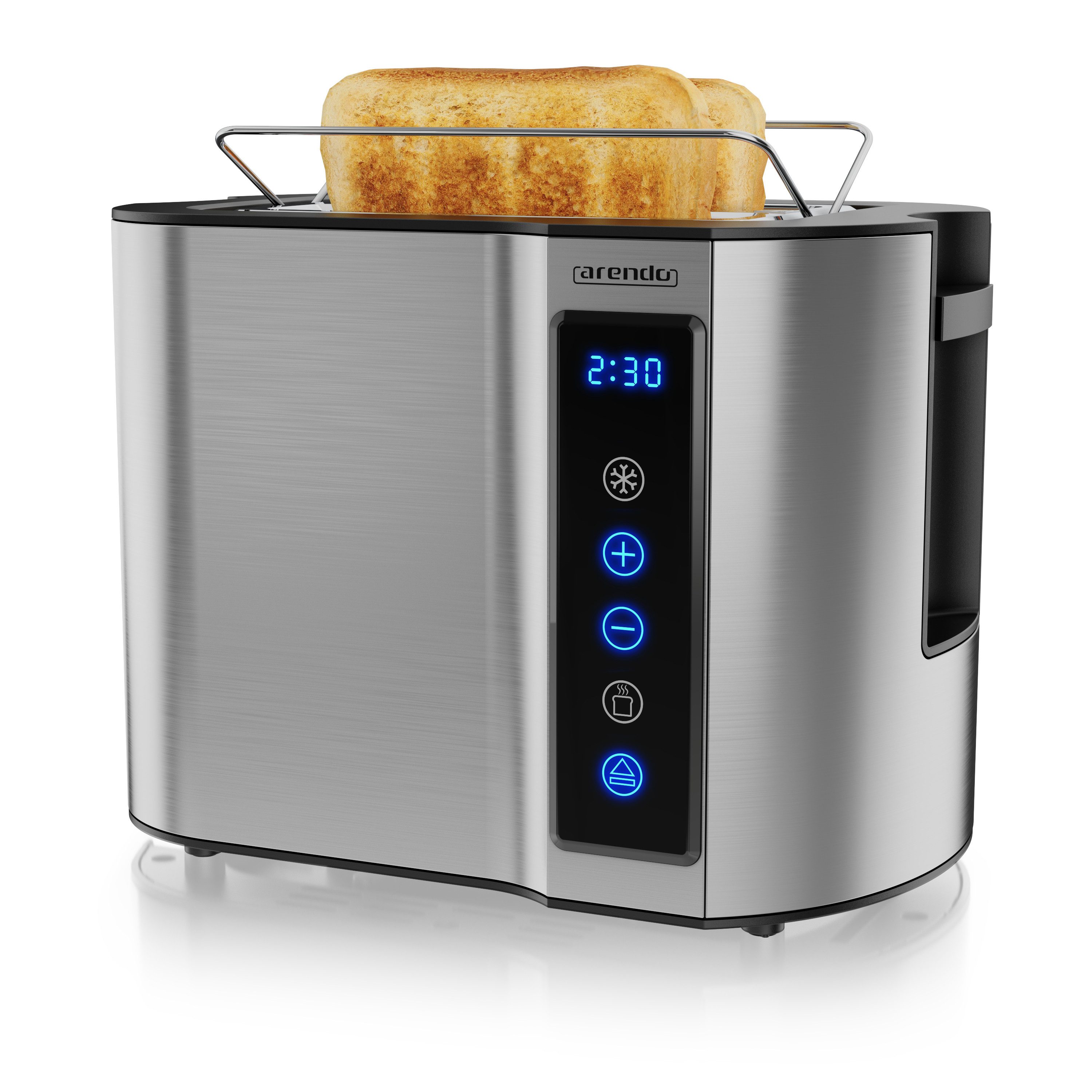 Arendo Toaster 2-Scheiben, Wärmeisoliertes Doppelwandgehäuse, Display Restzeitanzeige, 2 kurze Schlitze, für 2 Scheiben, 800 W, Kurzschlitz, Brötchenaufsatz, 7 Bräunungsgrade, Touchpanel