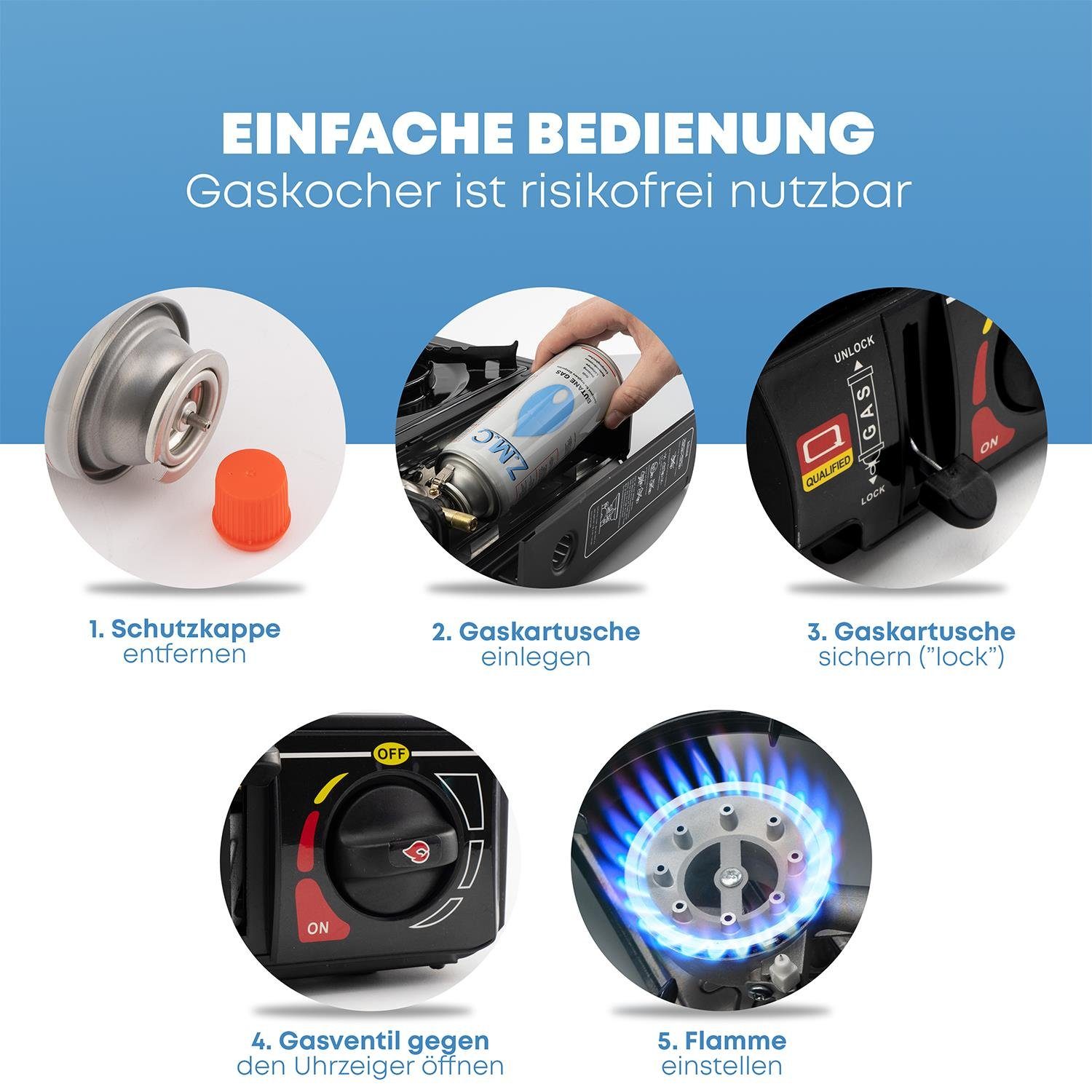 ZMC Gaskocher Gaskocher 1-flammig + Aufbewahrungskoffer + Gaskartuschen 227g Schwarz, (Butangas Campingkocher für Innenraum/Outdoor, Campinggaskocher 2,2 kW mit – Bild 5 von 5