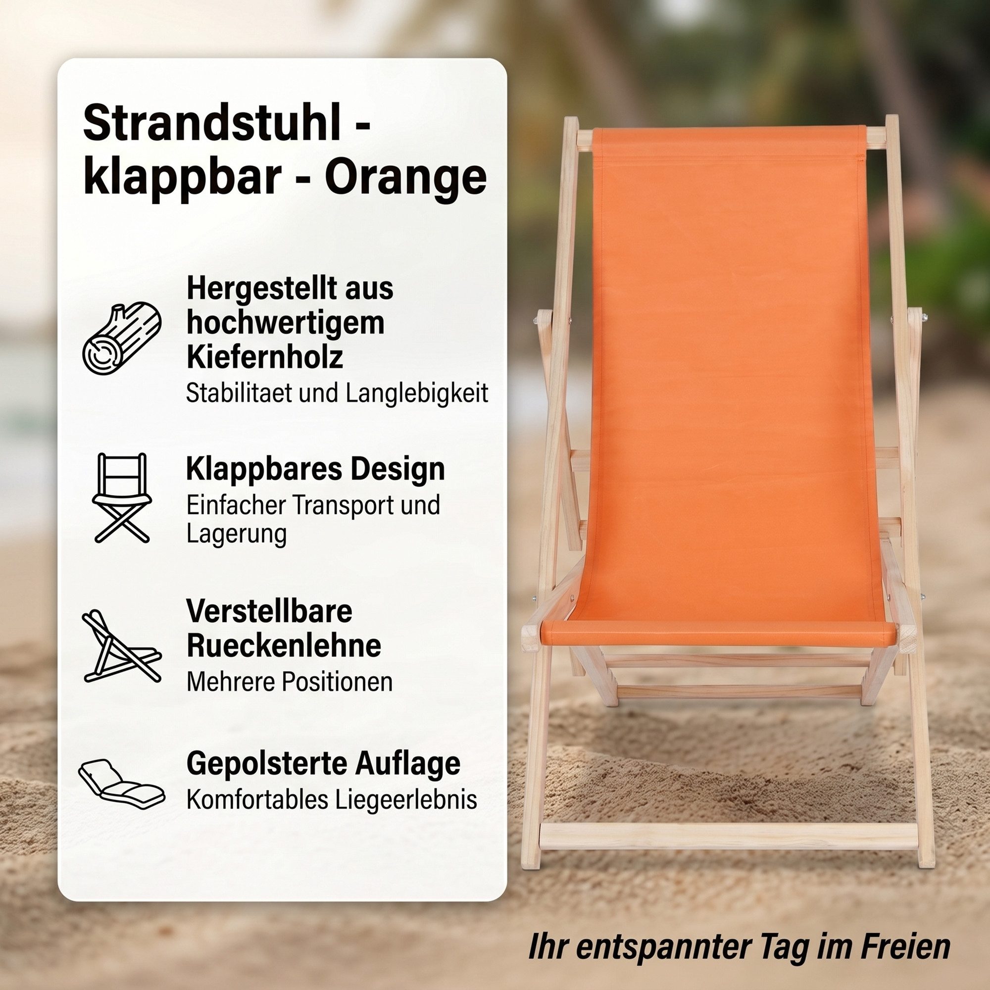 Mucola Gartenstuhl Strandliege Liegestuhl Gartenliege Sonnenliege Strandstuhl Balkonliege (Stück), Inkl. Sicherung gegen ungewolltes Zusammenklappen