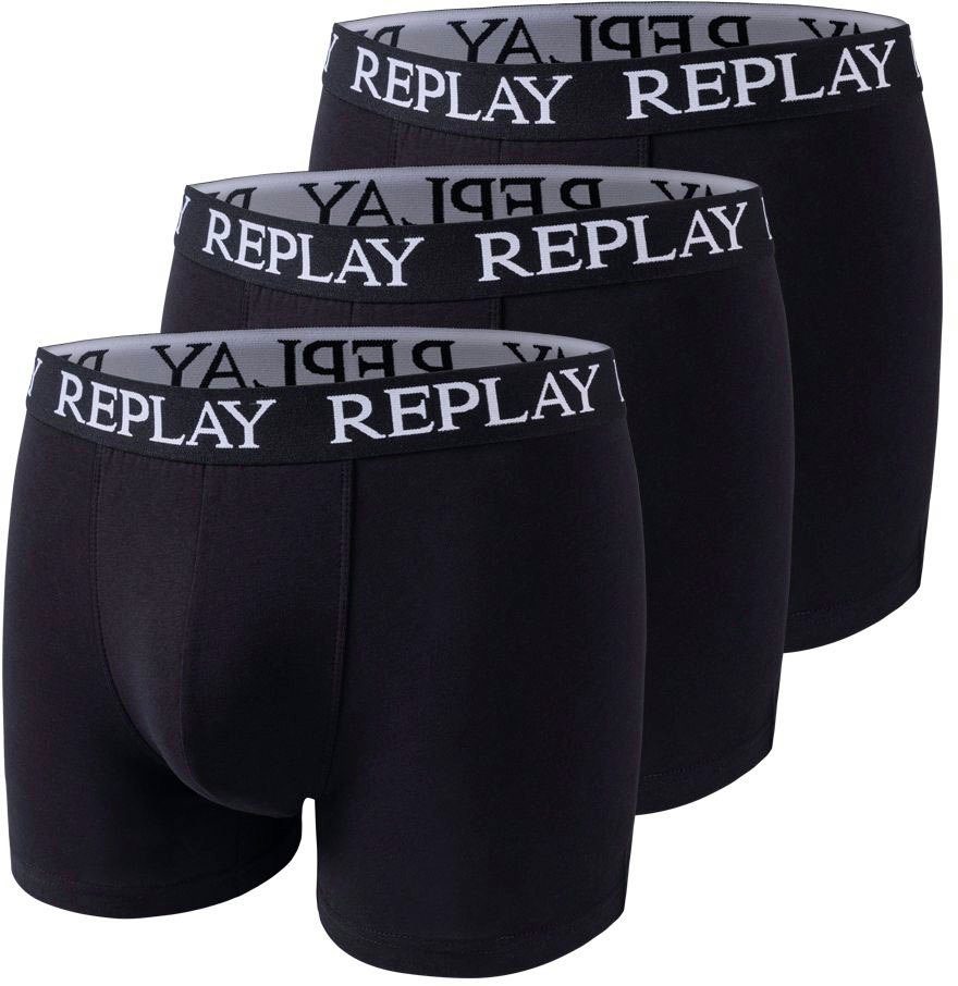 Bund Boxershorts Style mit Box schwarz am 01/C (Packung, Logo Cuff Logoschriftzug elastischen Replay Basic BOXER 3pcs 3er-Pack)